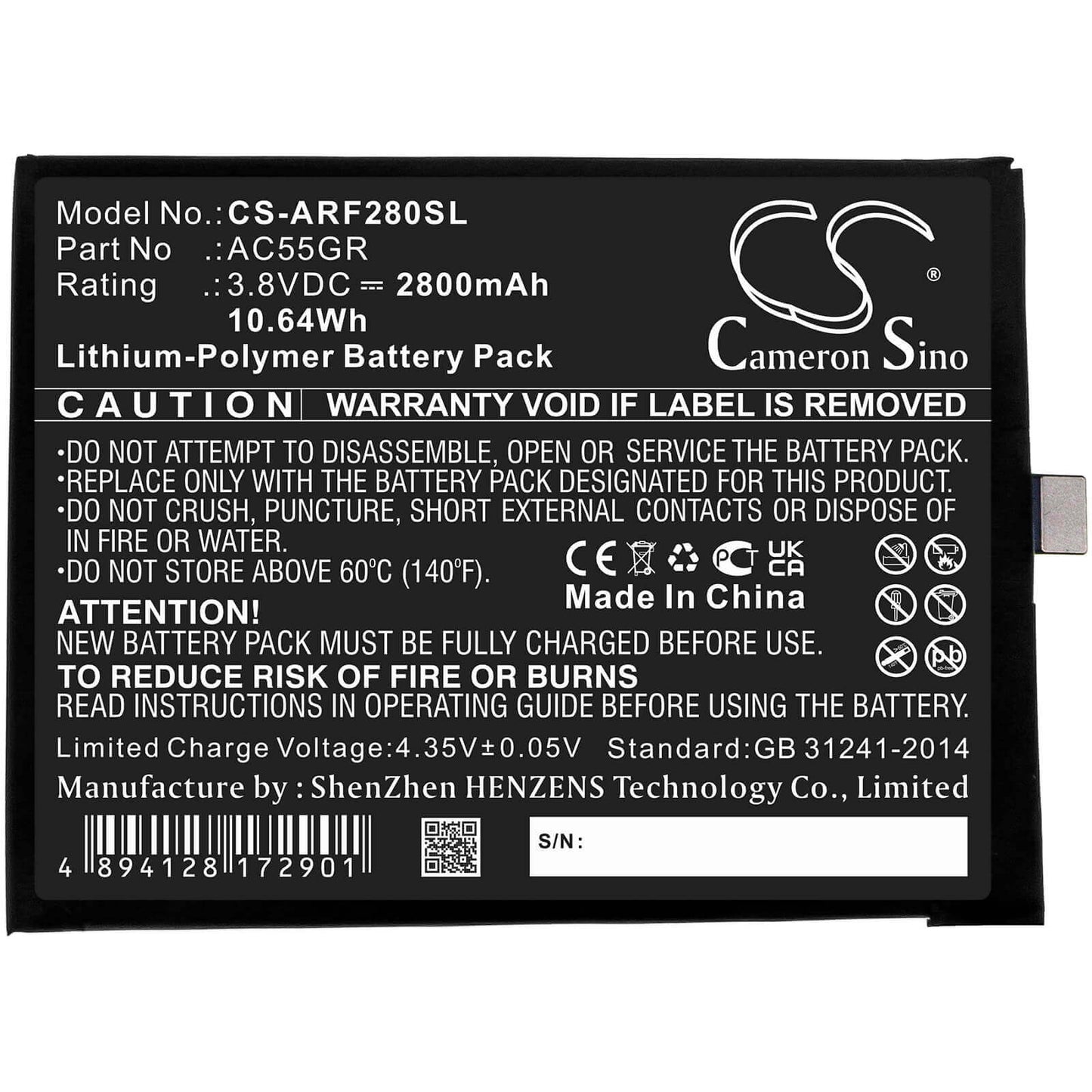 3.8V, 2800mAh, Li-Polymer Battery fits Archos, 5.5 Hero V3, Bsf28, 10.64Wh