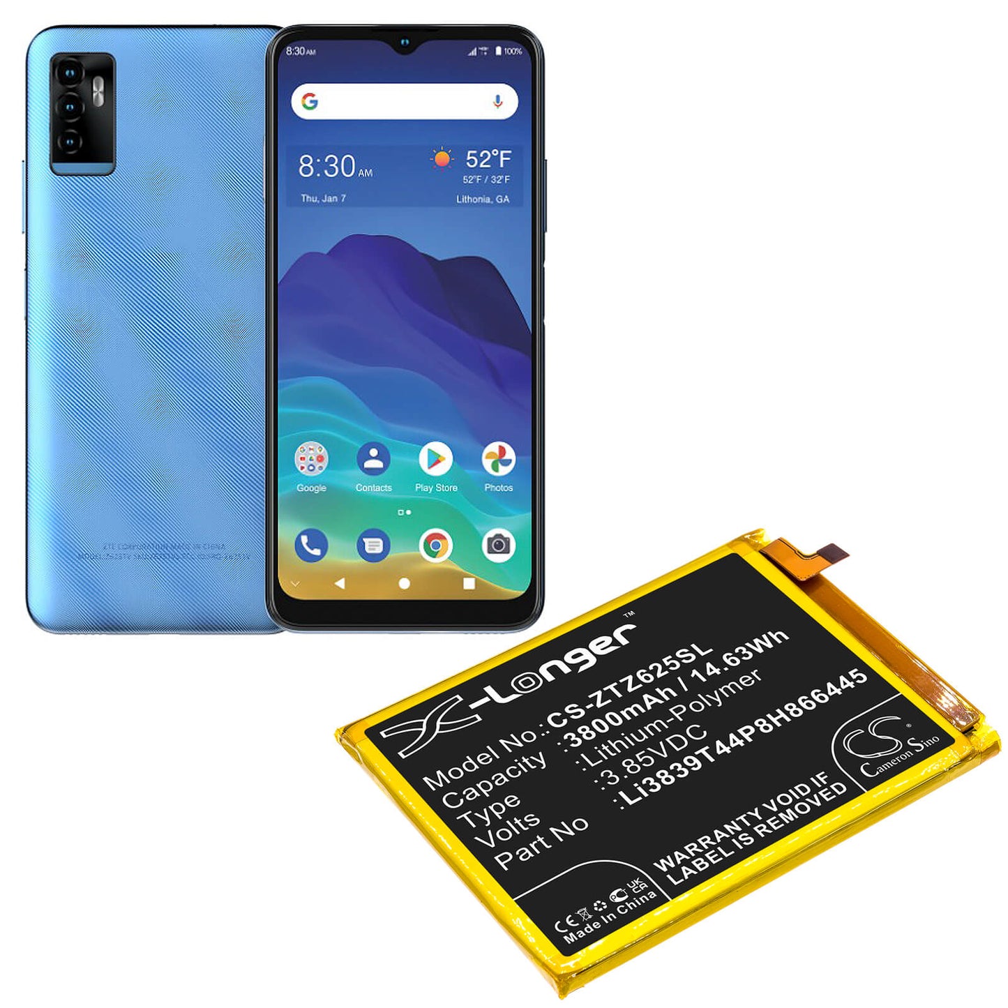 3.85V, 3800mAh, Li-Polymer Battery fits Zte, Blade 11 Prime 2020, Z6251vs, 14.63Wh