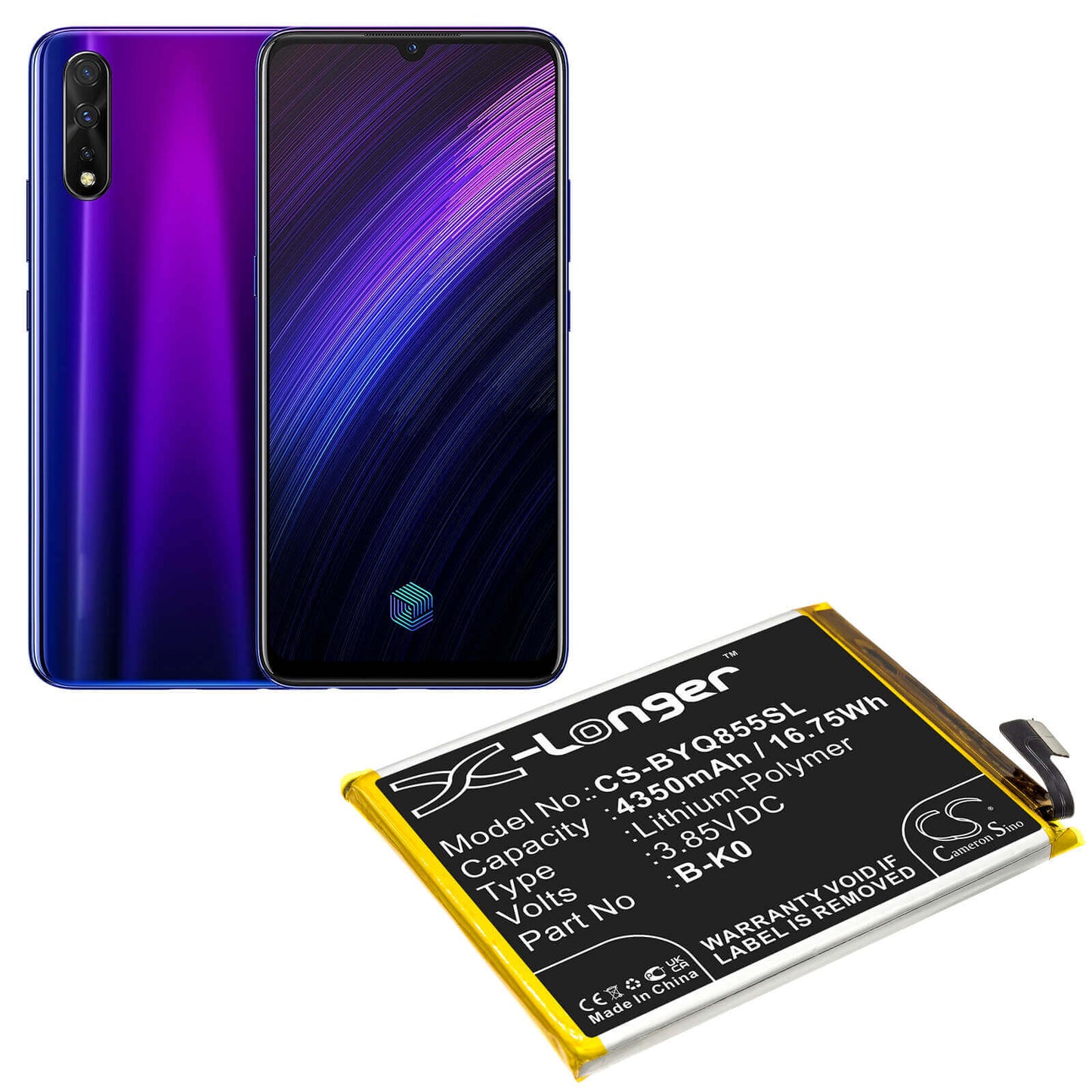 3.85V, 4350mAh, Li-Polymer Battery fits Vivo, Iqoo Neo 855, V1936, 16.7475Wh