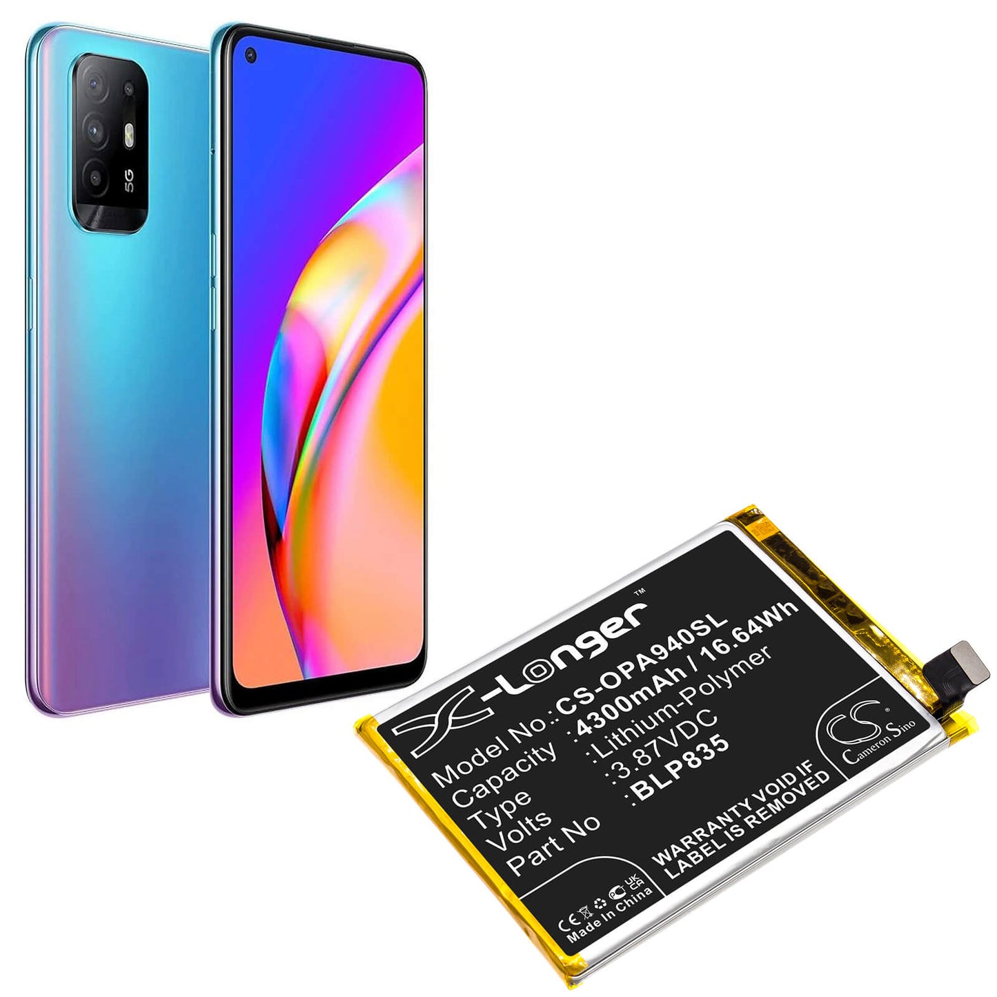 3.87V, 4300mAh, Li-Polymer Battery fits Oppo, A94, A94 2021, 16.641Wh