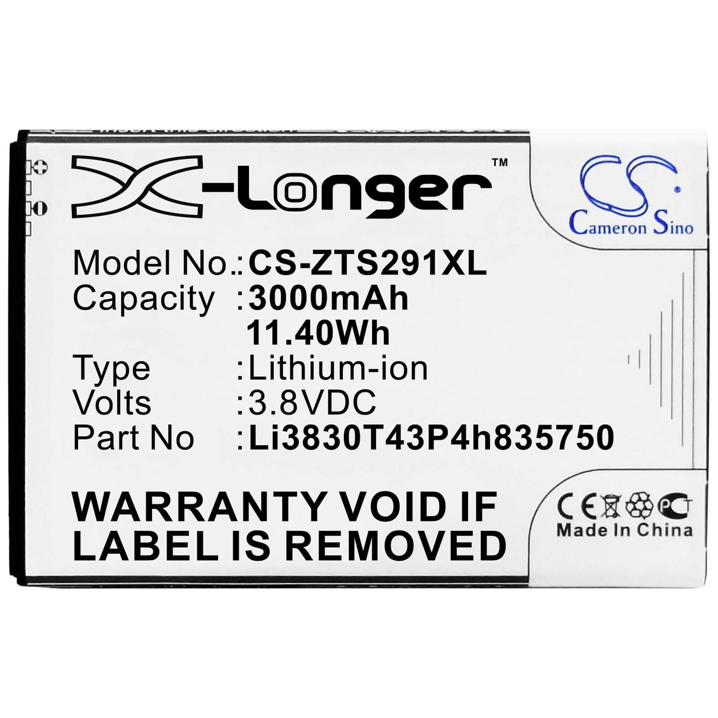 3.8V, 3000mAh, Li-ion Battery fits Zte, Avid 916, Avid 916 Lte, 11.4Wh