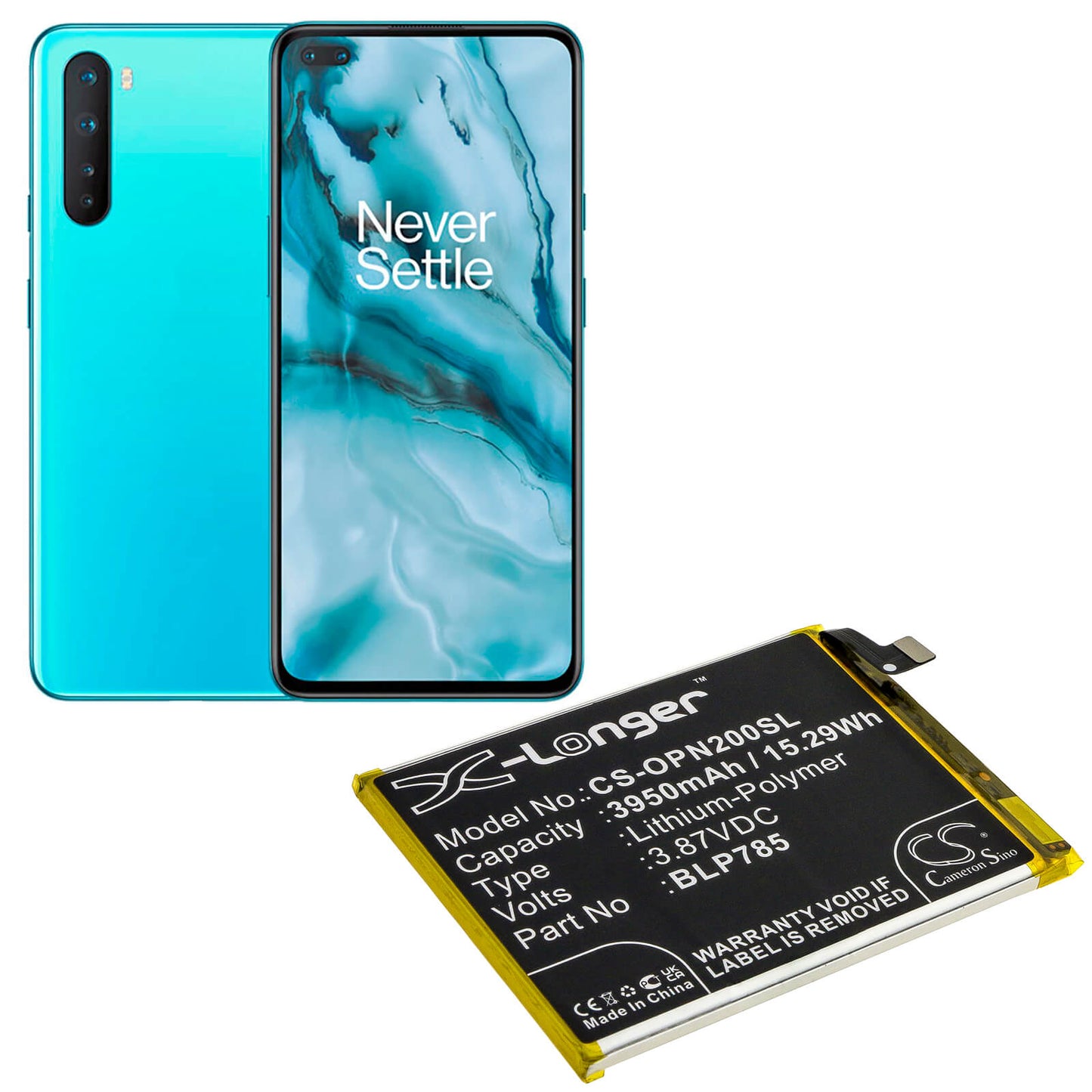 3.87V, 3950mAh, Li-Polymer Battery fits Oneplus, Ac2003, Nord, 15.2865Wh