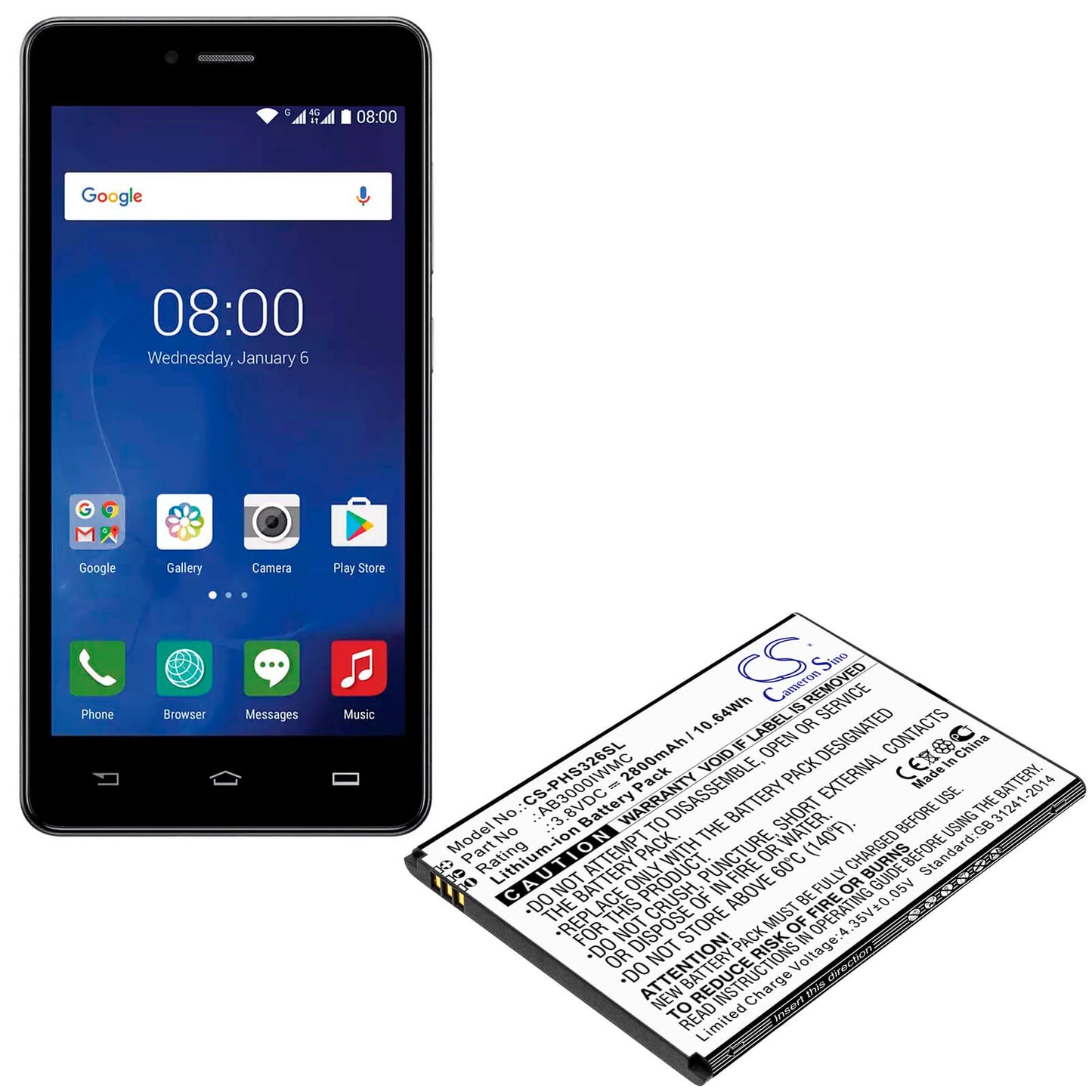 3.8V, 2800mAh, Li-ion Battery fits Philips, Cts326, Xenium S326, 10.64Wh