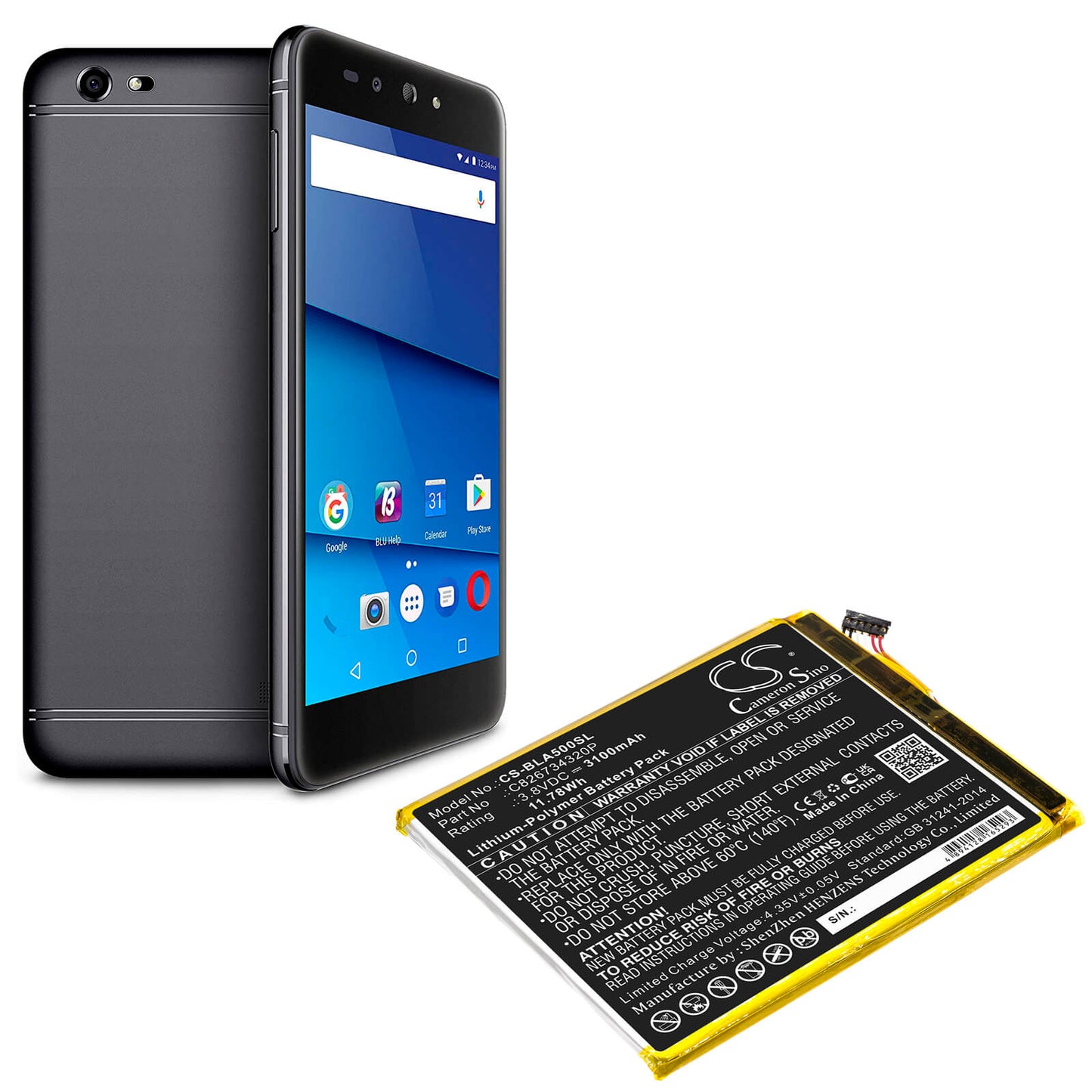 3.8V, 3100mAh, Li-Polymer Battery fits Blu, A0031ww, Advance A5 Plus Lte, 11.78Wh
