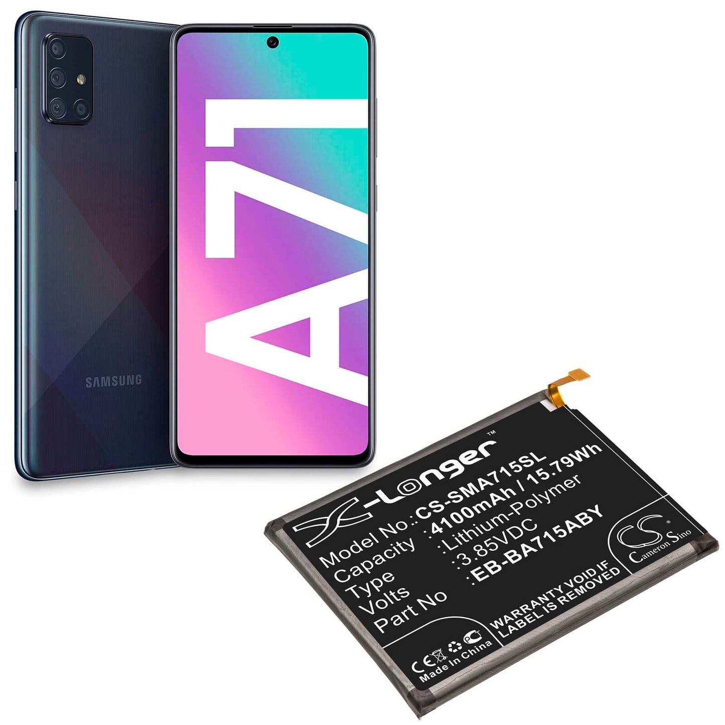 3.85V, 4100mAh, Li-Polymer Battery fits Samsung, Galaxy A71, Sm-a715f, 15.785Wh