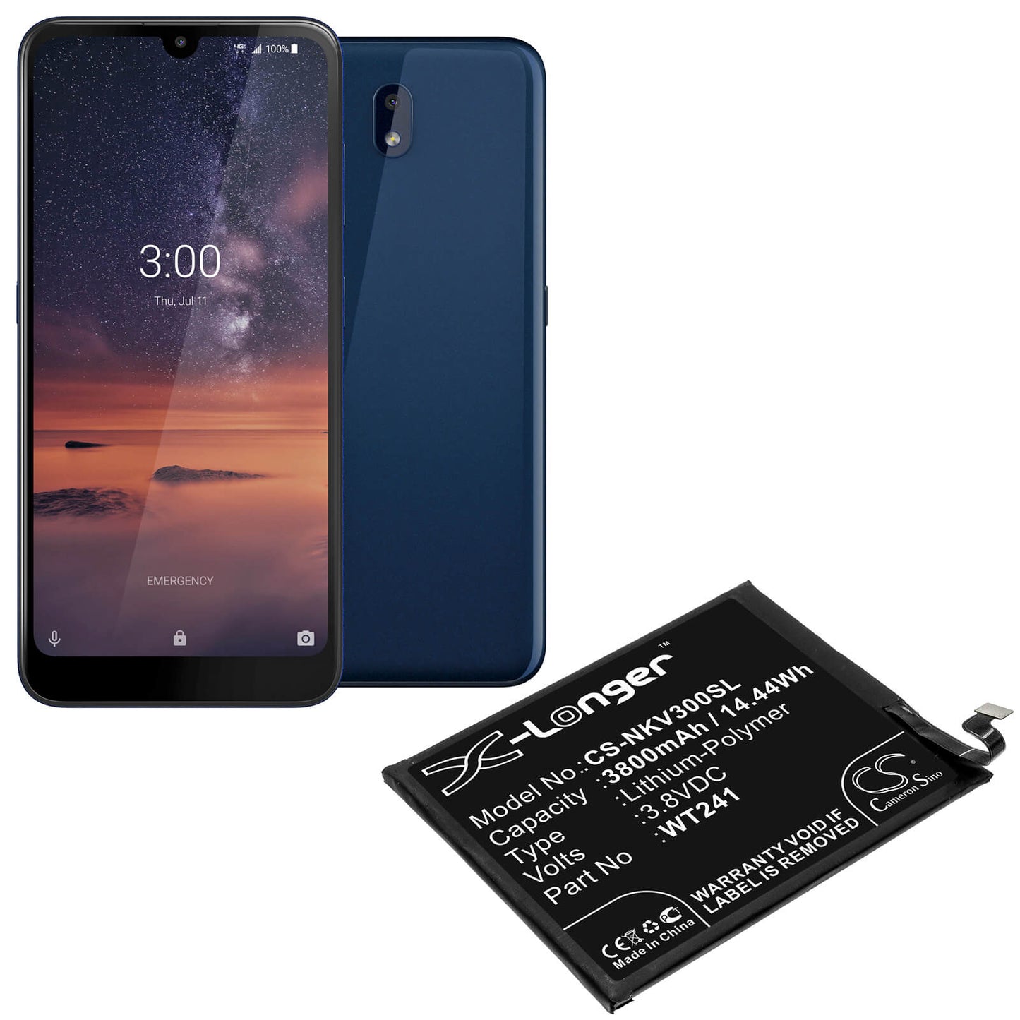 3.8V, 3800mAh, Li-Polymer Battery fits Nokia, 3 V, Ta-1153, 14.44Wh