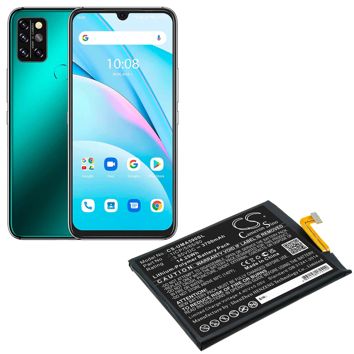 3.85V, 3700mAh, Li-Polymer Battery fits Umi, Umidigi A9 Pro, 14.245Wh