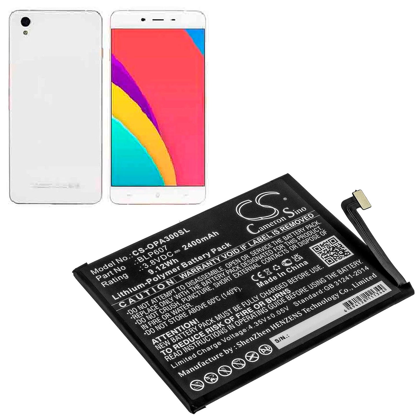 3.8V, 2400mAh, Li-Polymer Battery fits Oppo, A30, A30 Dual Sim Td-lte, 9.12Wh