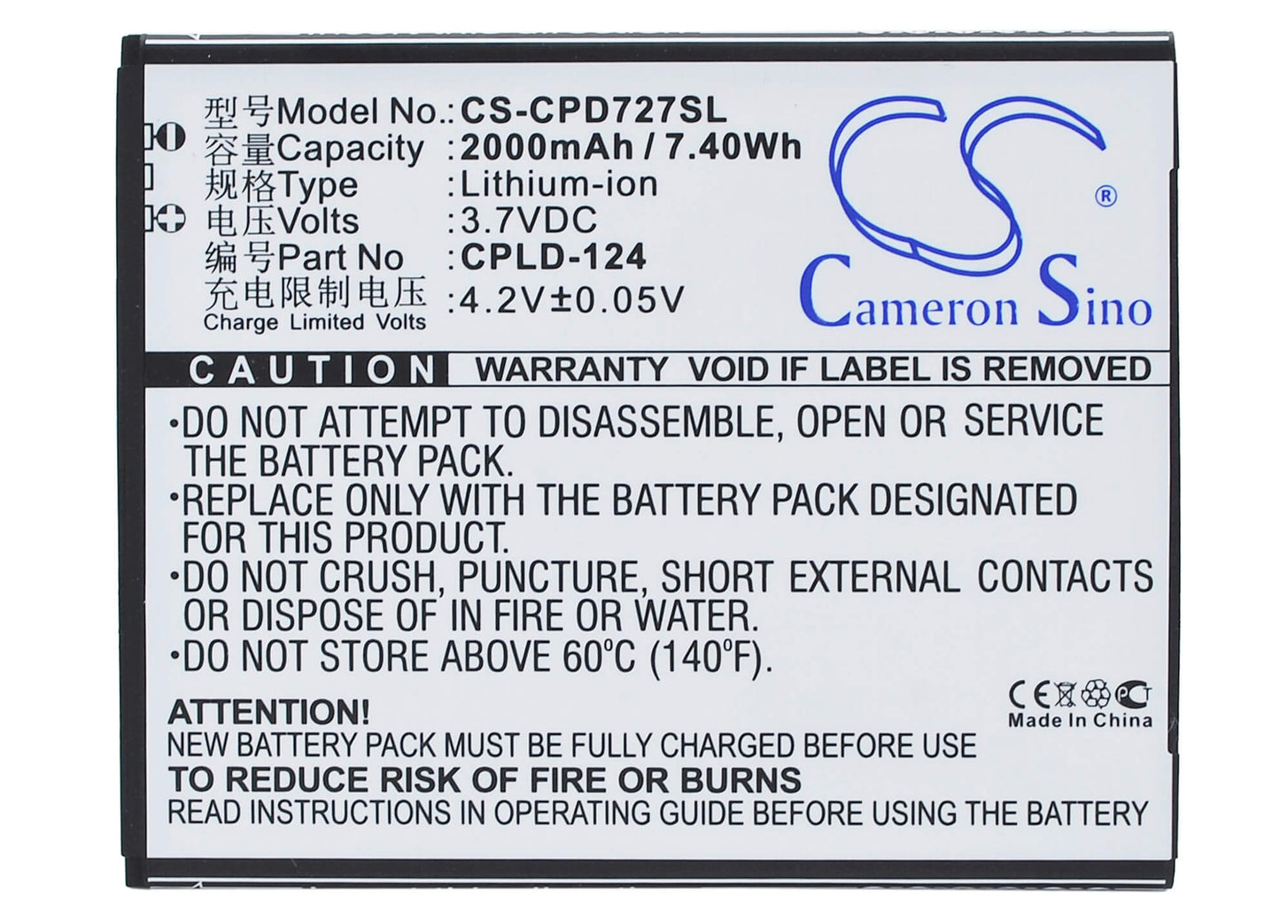 3.7V, 2000mAh, Li-ion Battery fits Coolpad, 7275, 7.4Wh