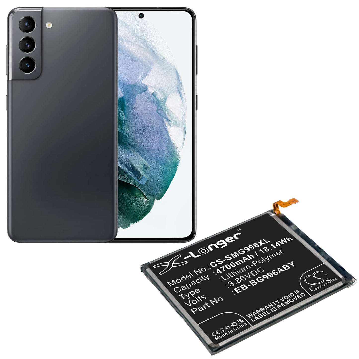 3.86V, 4700mAh, Li-Polymer Battery fits Samsung, Galaxy S21+, Galaxy S21+ 5g, 18.142Wh
