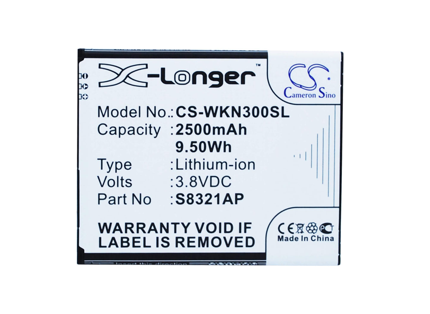 3.8V, 2500mAh, Li-ion Battery fits Wiko, N300, Slide, 9.5Wh