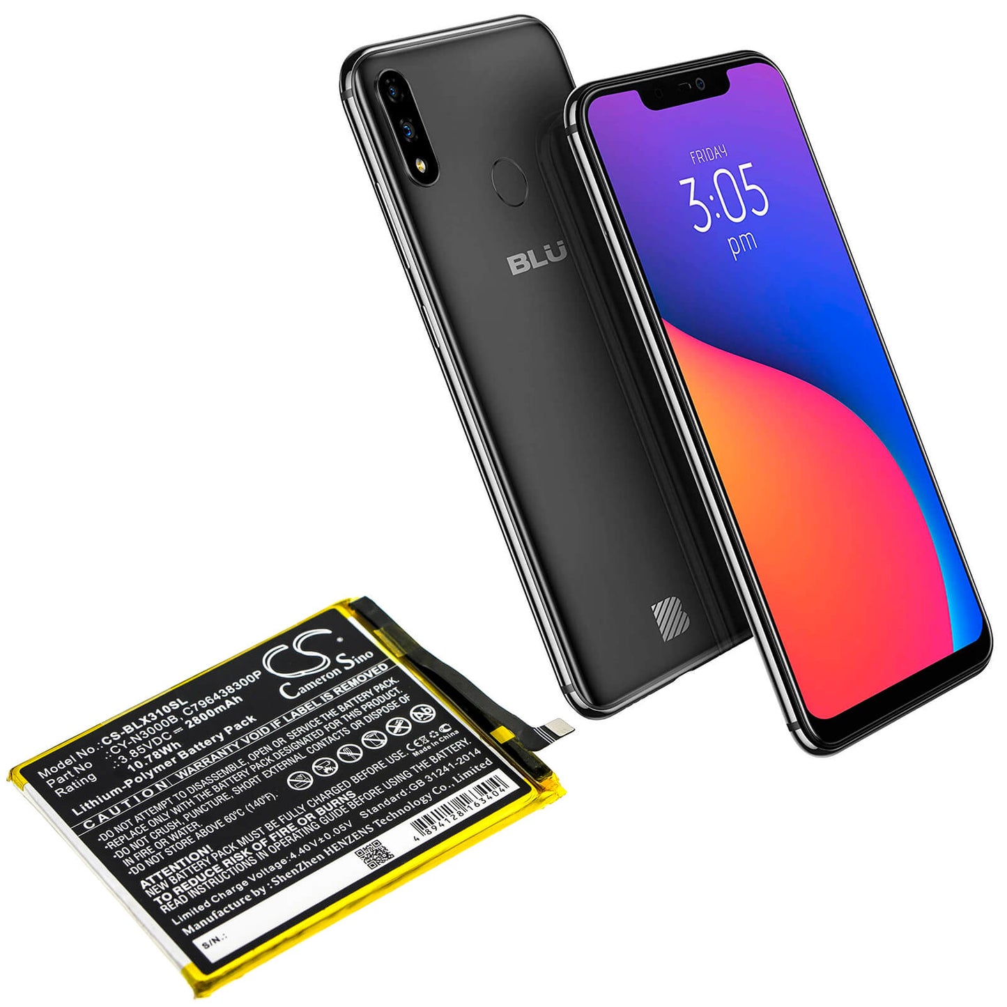 3.85V, 2800mAh, Li-Polymer Battery fits Blu, V0310ww, Vivo Xi Plus, 10.78Wh