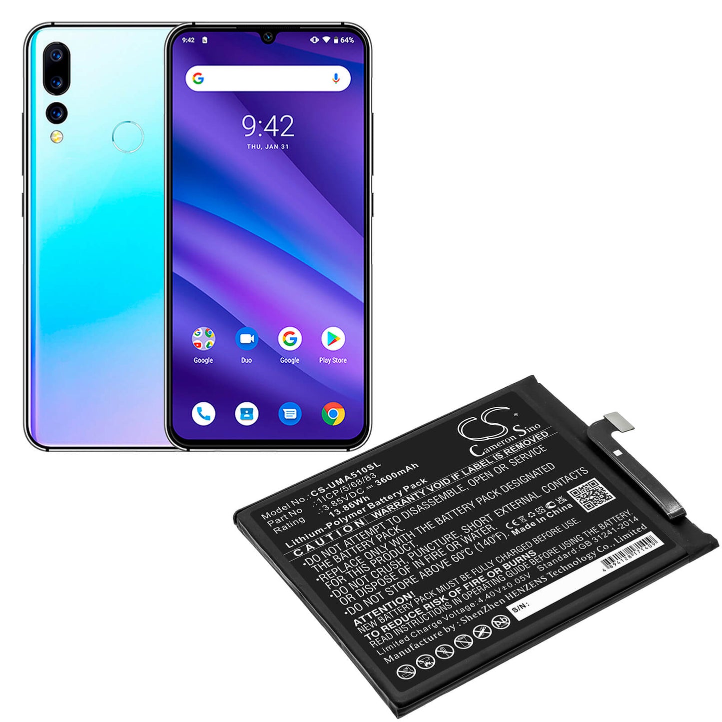 3.85V, 3600mAh, Li-Polymer Battery fits Umi, Umidigi A5 Pro, 13.86Wh