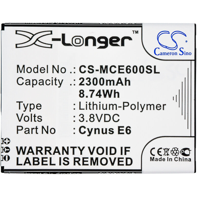 3.8V, 2300mAh, Li-Polymer Battery fits Mobistel, Cynus E6, 8.74Wh