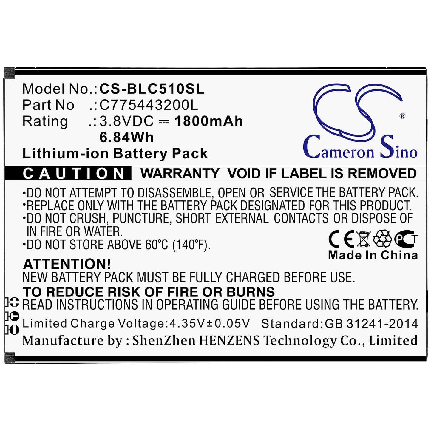 3.8V, 1800mAh, Li-ion Battery fits Blu, C050, C5l, 6.84Wh