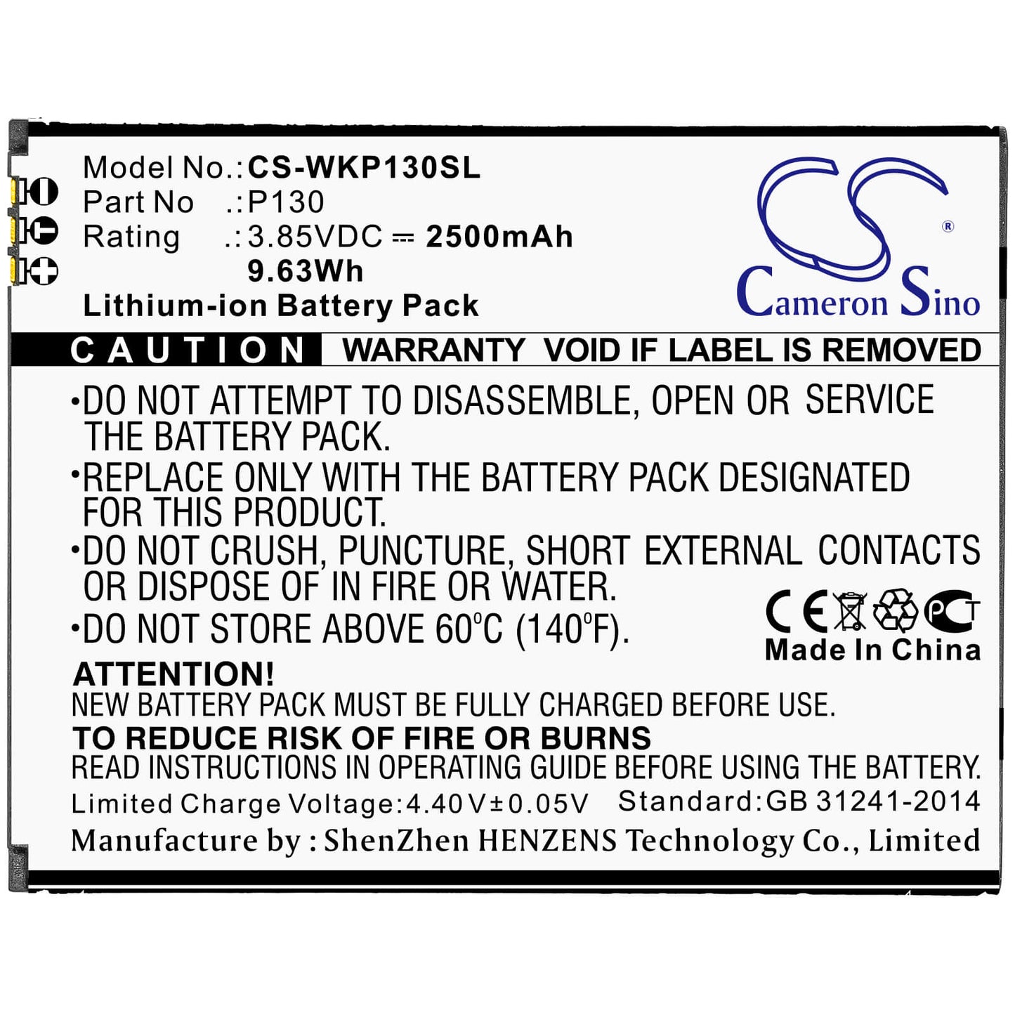 3.85V, 2500mAh, Li-ion Battery fits Wiko, P130, View Go, 9.625Wh