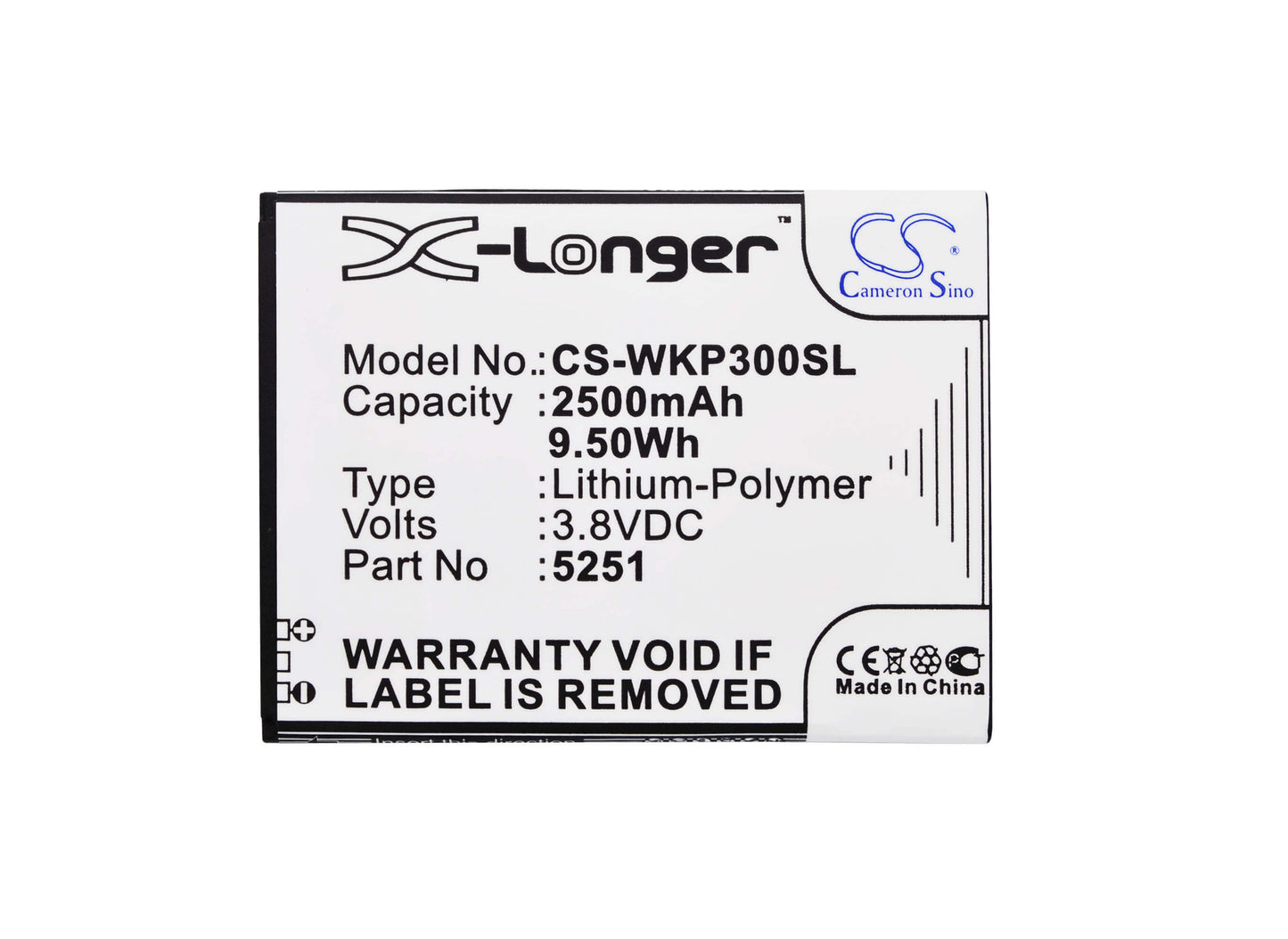 3.8V, 2500mAh, Li-Polymer Battery fits Wiko, Pulp 3g, Pulp 4g, 9.5Wh