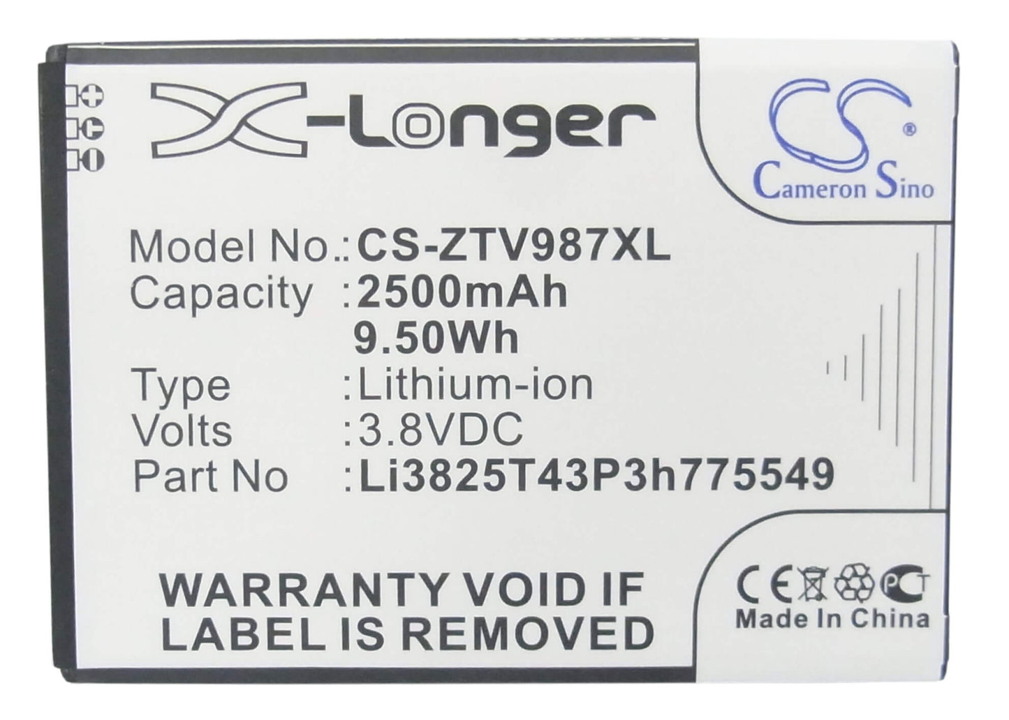 3.8V, 2500mAh, Li-ion Battery fits Zte, Grand X Quad, Grand X Quad V987, 9.5Wh