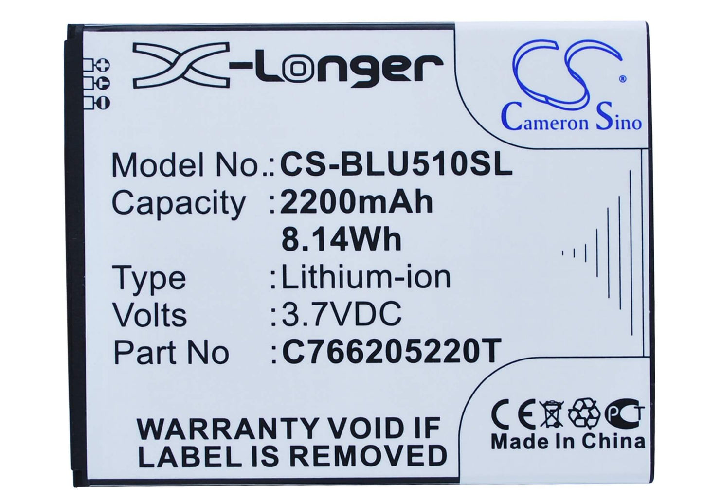 3.7V, 2200mAh, Li-ion Battery fits Blu, D550, D550a, 8.14Wh