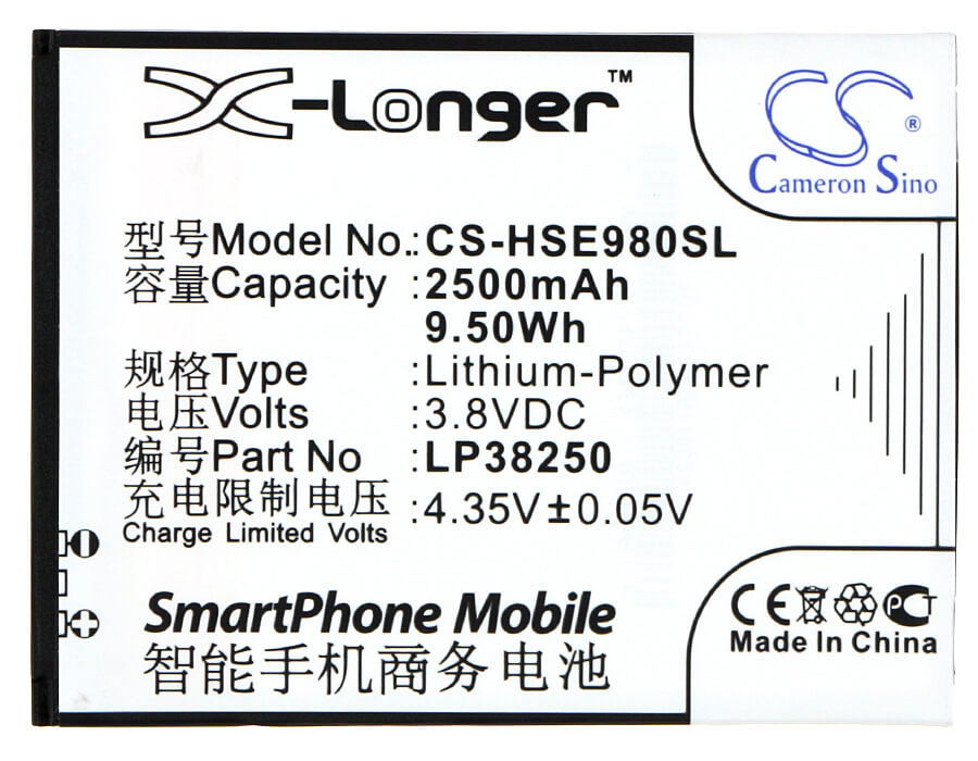 3.8V, 2500mAh, Li-Polymer Battery fits Hisense, Eg980, Mira Ii, 9.5Wh