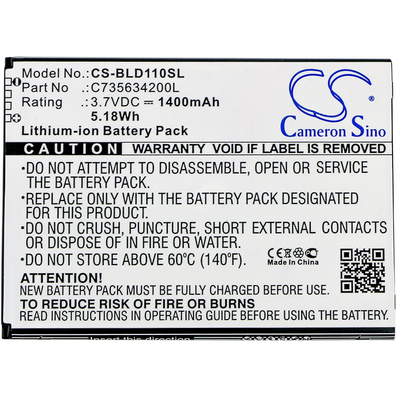 3.7V, 1400mAh, Li-ion Battery fits Blu, S110, S110l, 5.18Wh