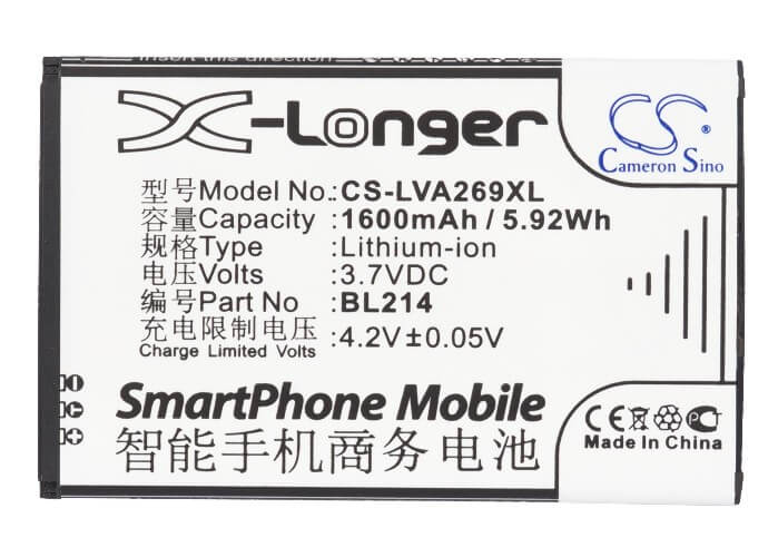 3.7V, 1600mAh, Li-ion Battery fits Lenovo, A208t, A218t, 5.92Wh
