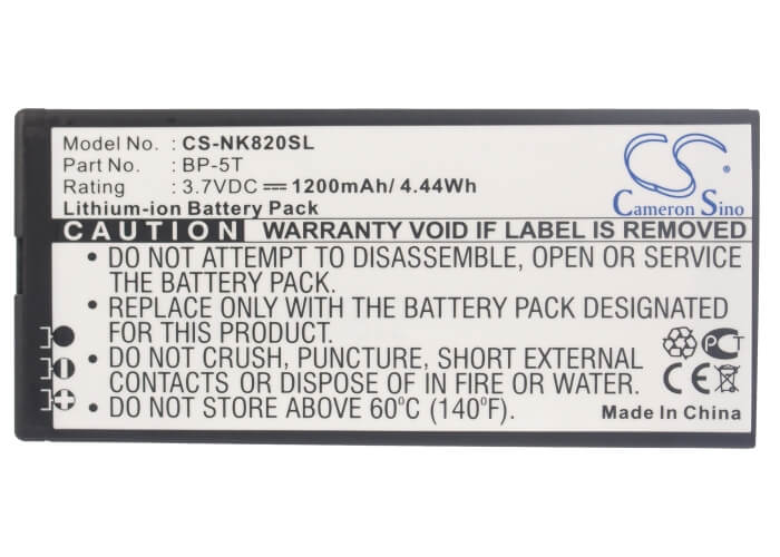 3.7V, 1200mAh, Li-ion Battery fits Nokia, Arrow, Lumia 820, 4.44Wh