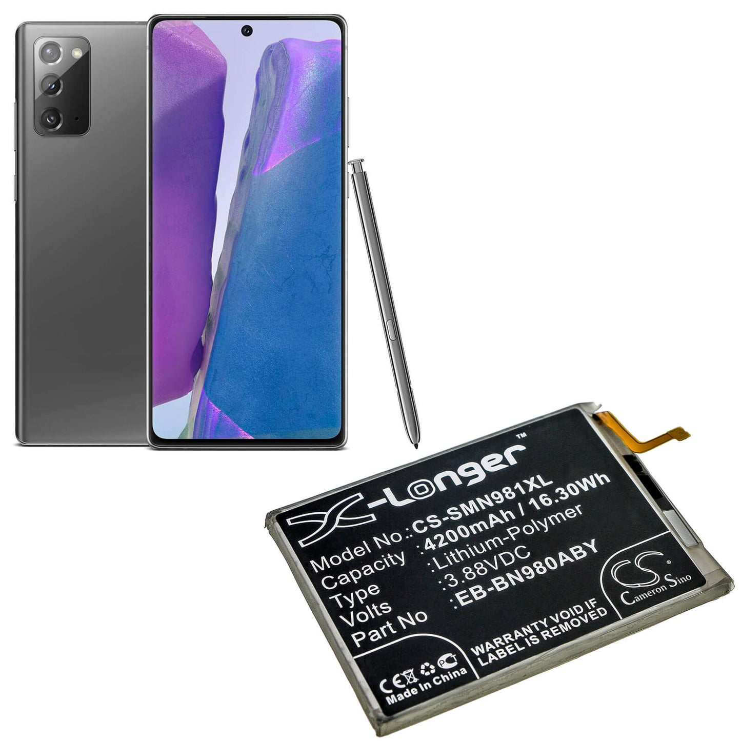 3.88V, 4200mAh, Li-Polymer Battery fits Samsung, Galaxy Note 20, Galaxy Note 20 5g, 16.296Wh