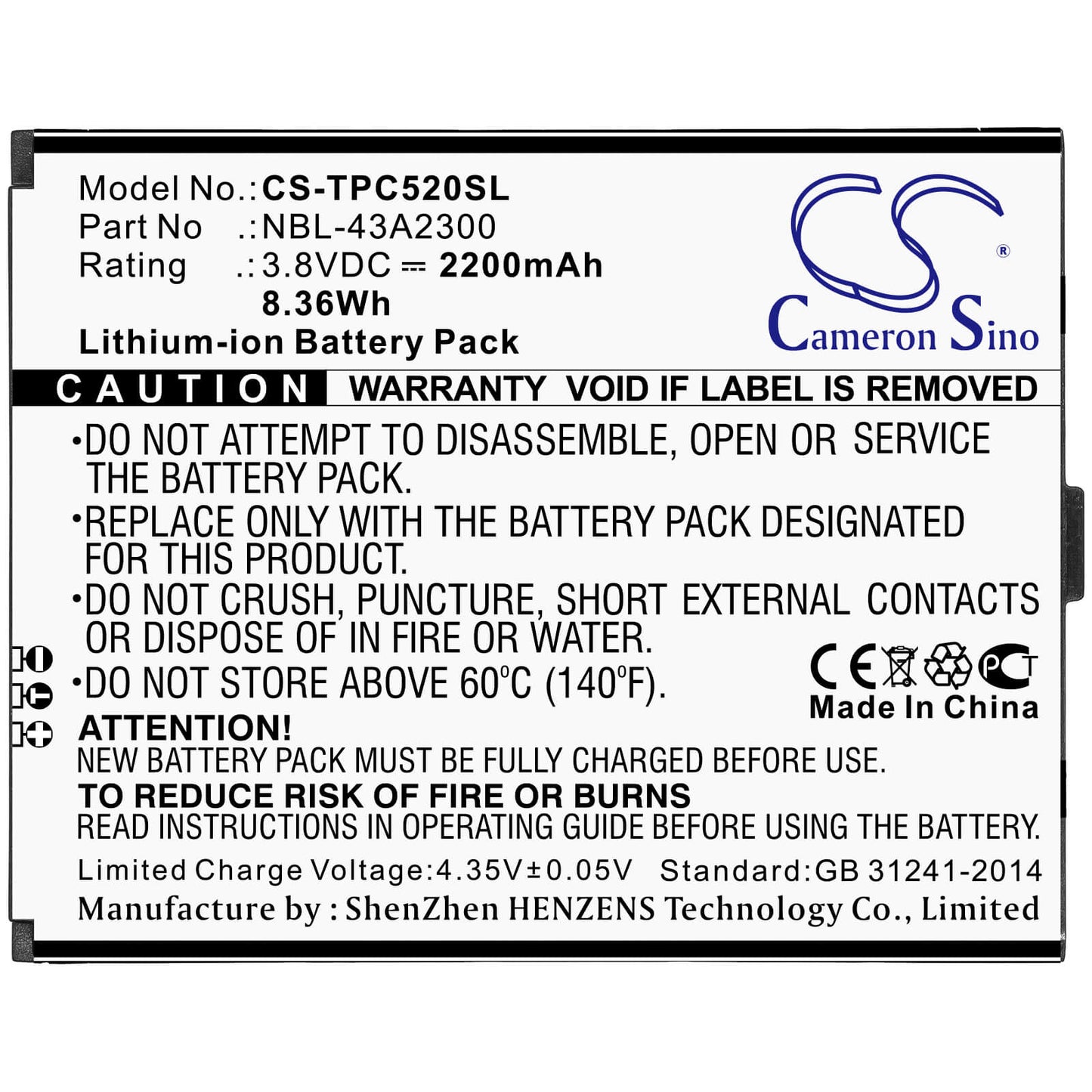 3.8V, 2200mAh, Li-ion Battery fits Neffos, C5a, C5a Dual Sim, 8.36Wh