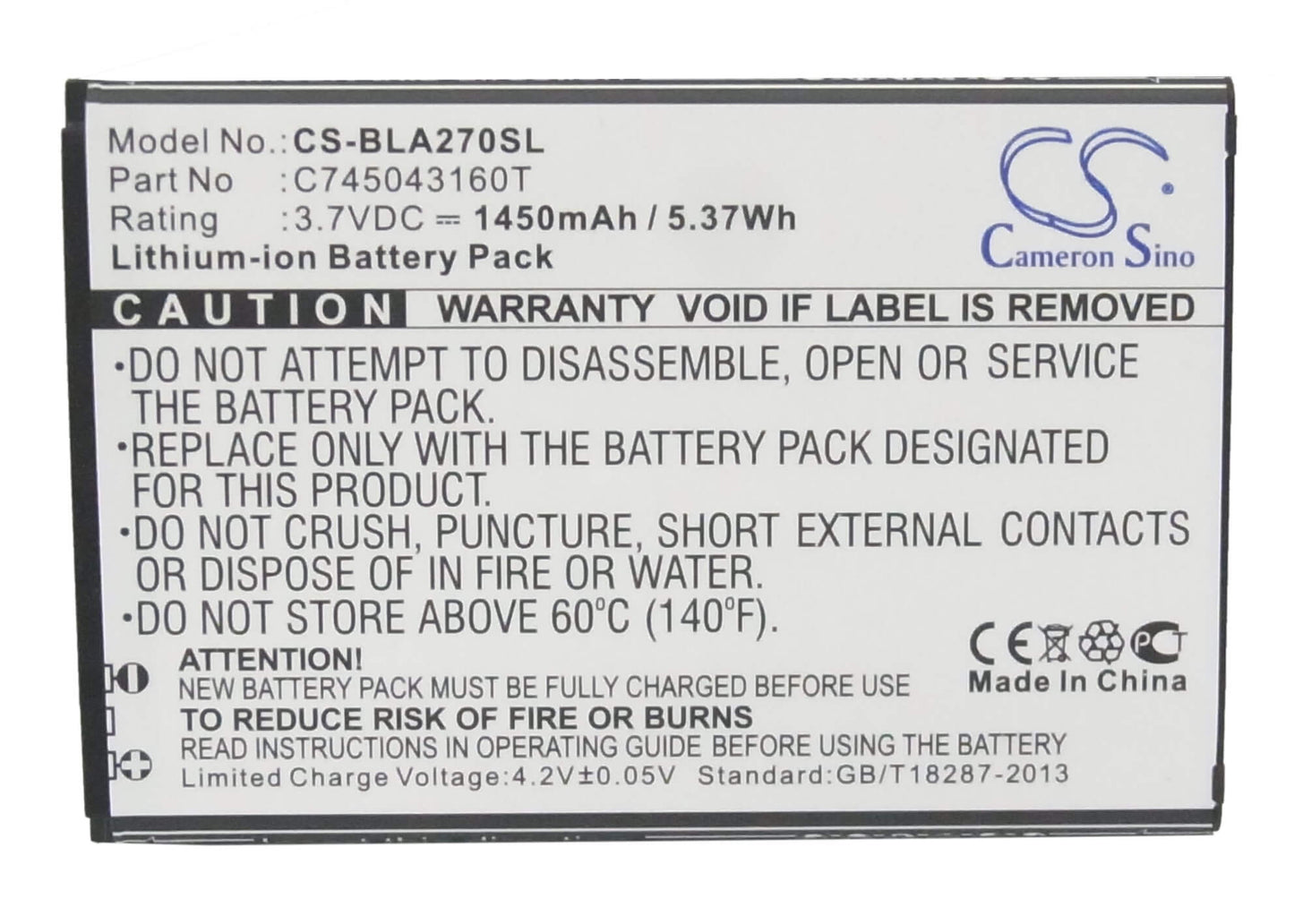 3.7V, 1450mAh, Li-ion Battery fits Blu, A270, A270a, 5.365Wh