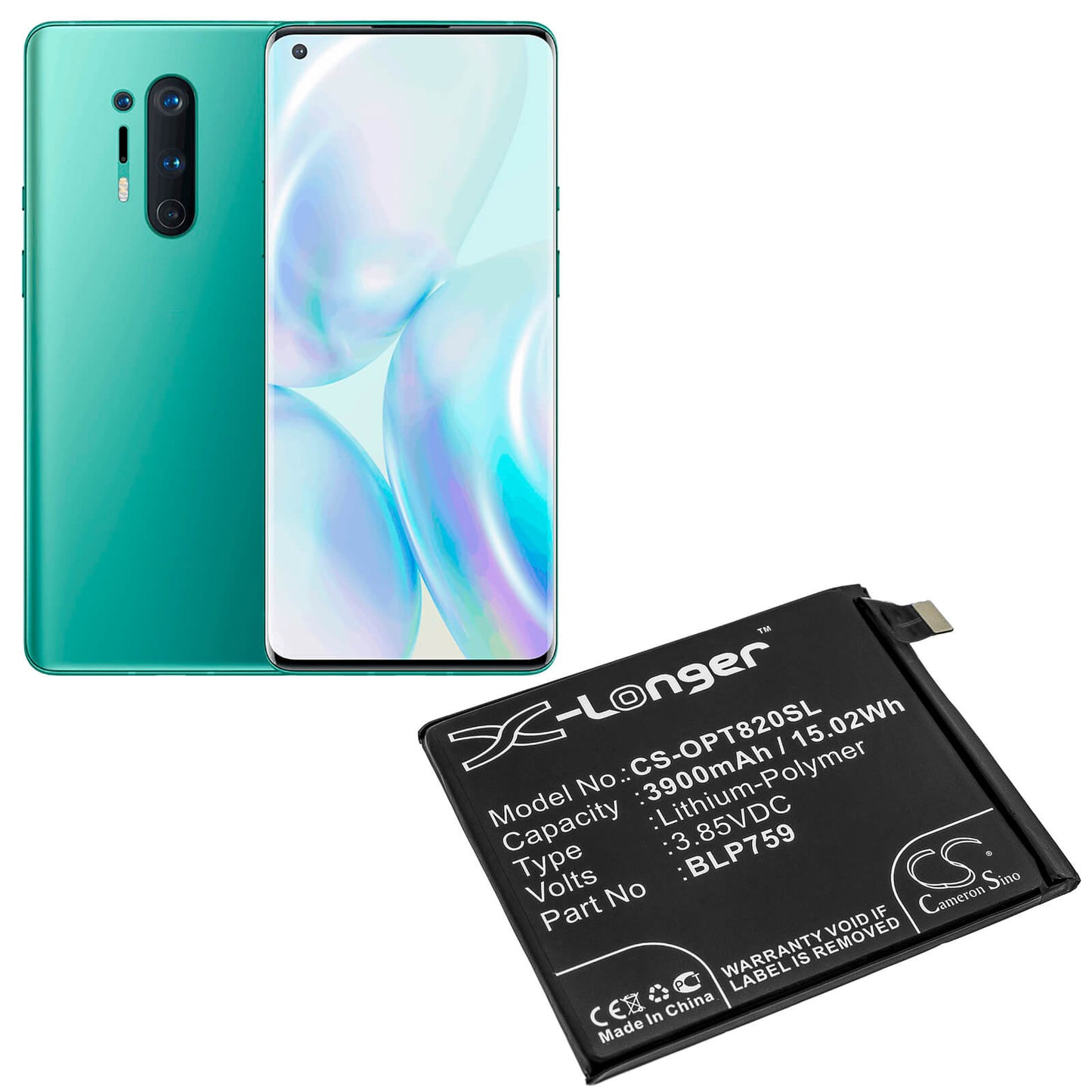 3.85V, 3900mAh, Li-Polymer Battery fits Oneplus, 8 Pro, 8 Pro 5g, 15.015Wh