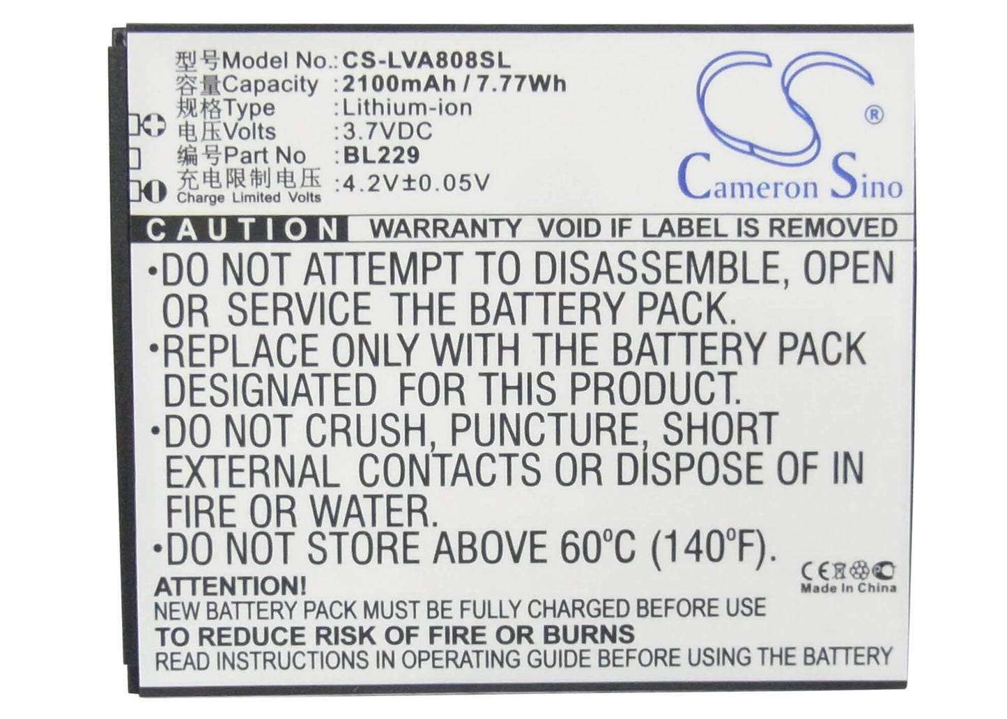 3.7V, 2100mAh, Li-ion Battery fits Lenovo, A8, A806, 7.77Wh