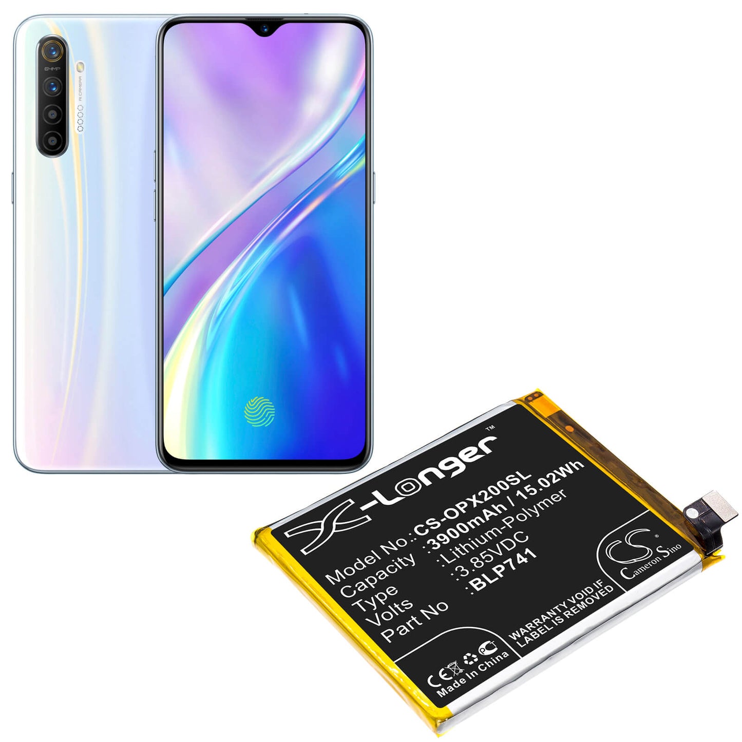 3.85V, 3900mAh, Li-Polymer Battery fits Oppo, Realme X2, 15.015Wh