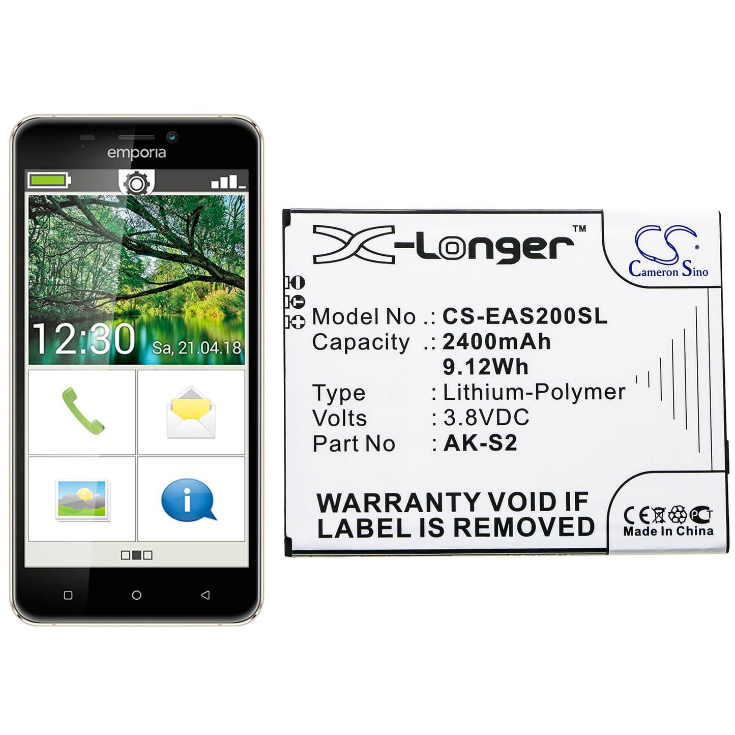 3.8V, 2400mAh, Li-Polymer Battery fits Emporia, Smart 2, 9.12Wh
