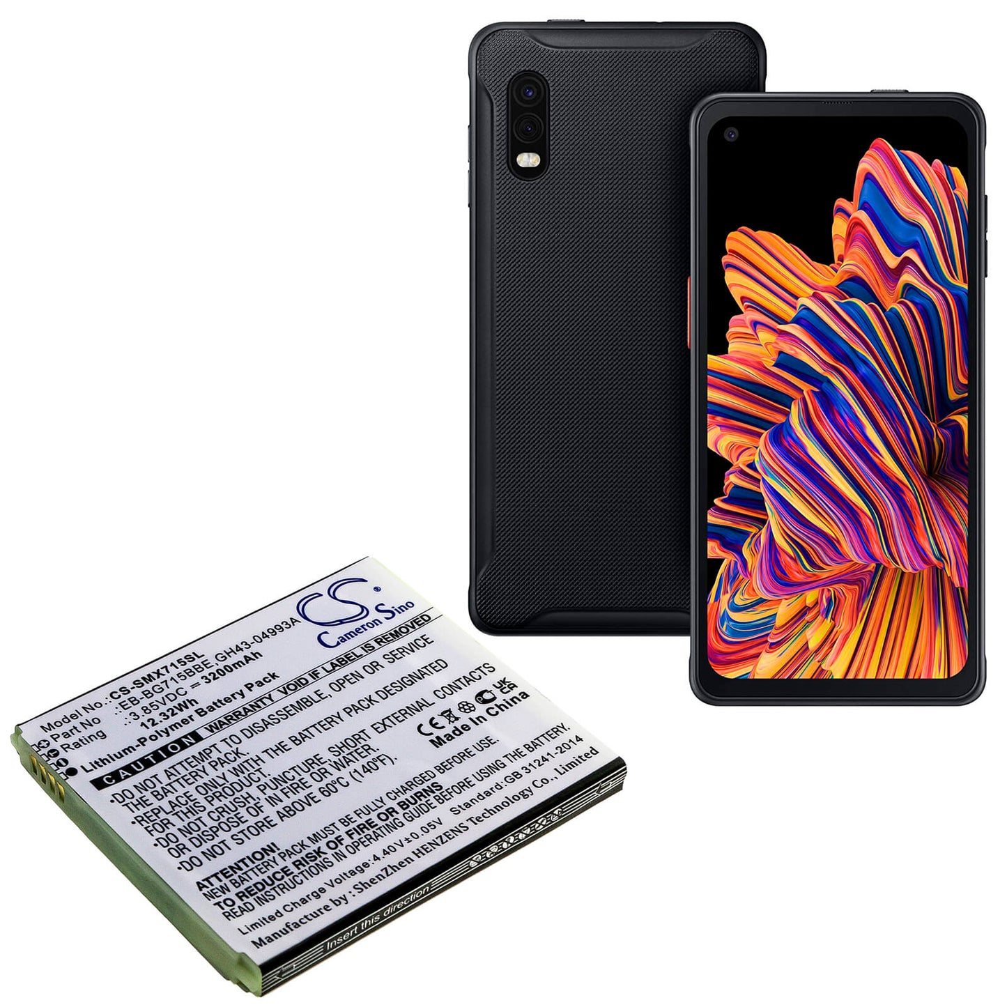 3.85V, 3200mAh, Li-Polymer Battery fits Samsung, Galaxy Xcover Pro, Sm-g715, 12.32Wh