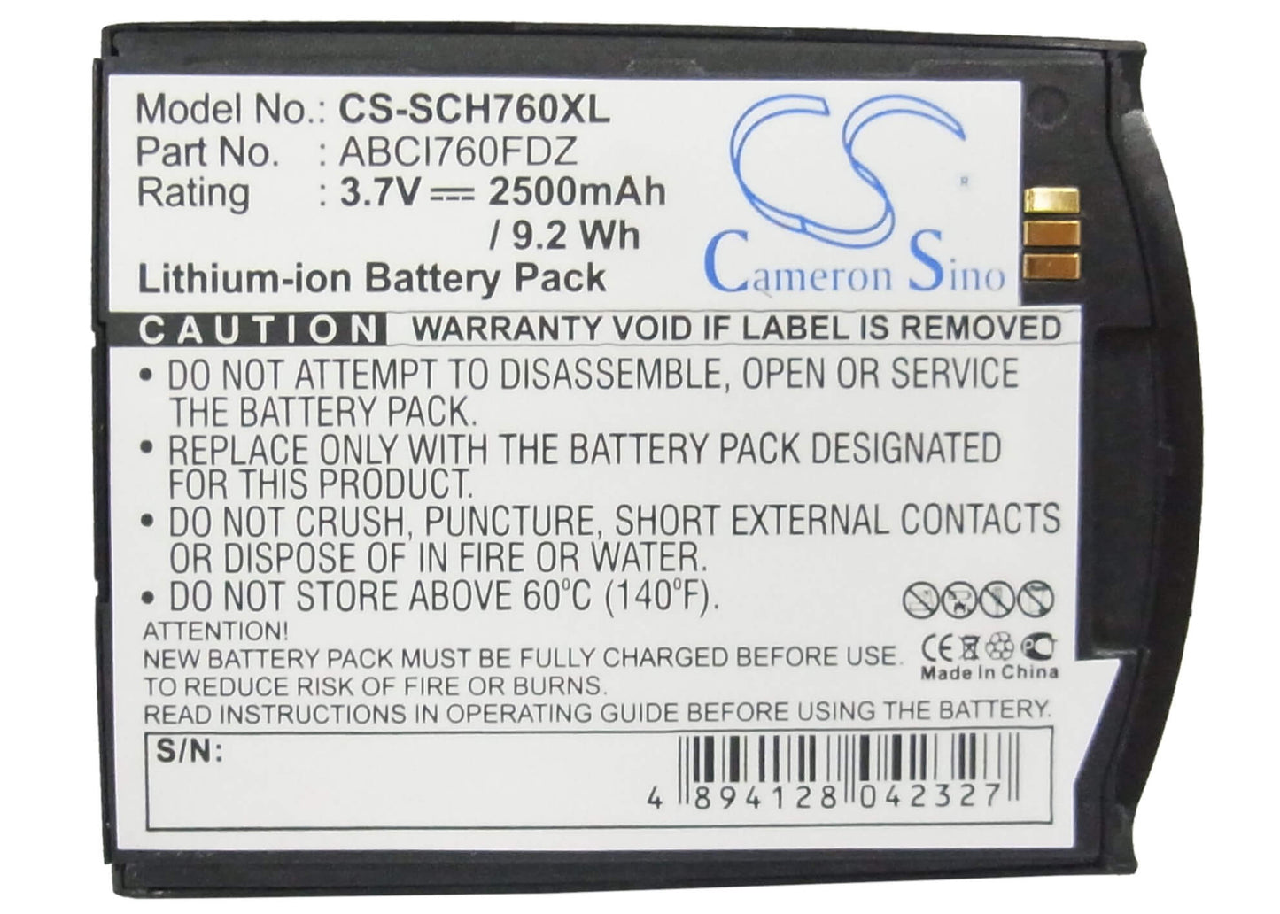3.7V, 2500mAh, Li-ion Battery fits Samsung, Sch-i760, 9.25Wh