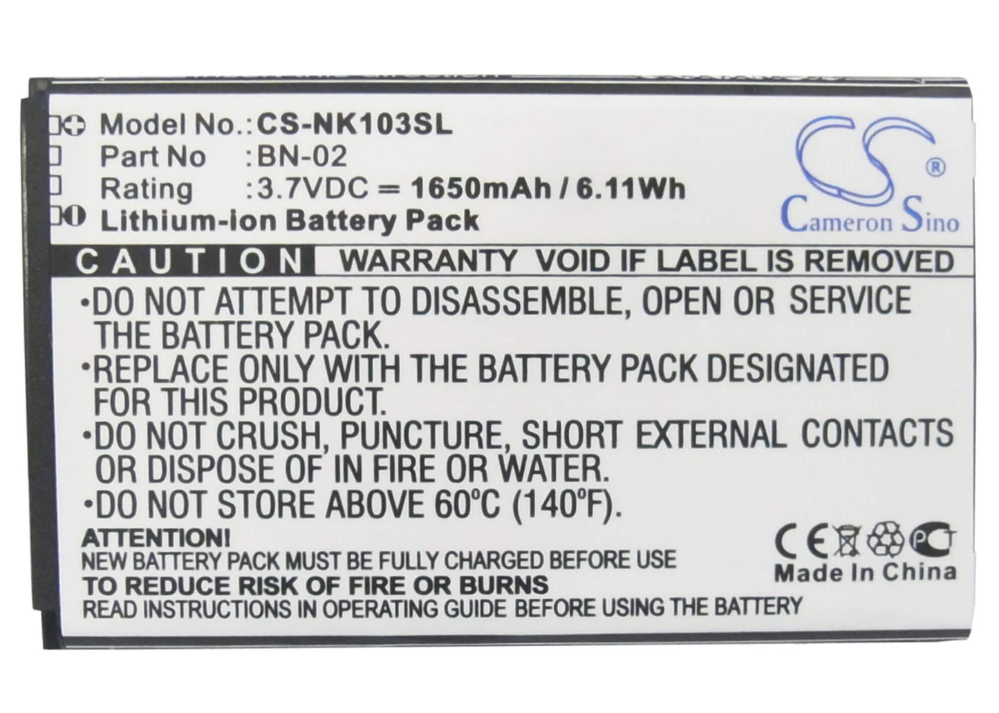 3.7V, 1650mAh, Li-ion Battery fits Nokia, Nokia Xl, Rm-1030, 6.105Wh