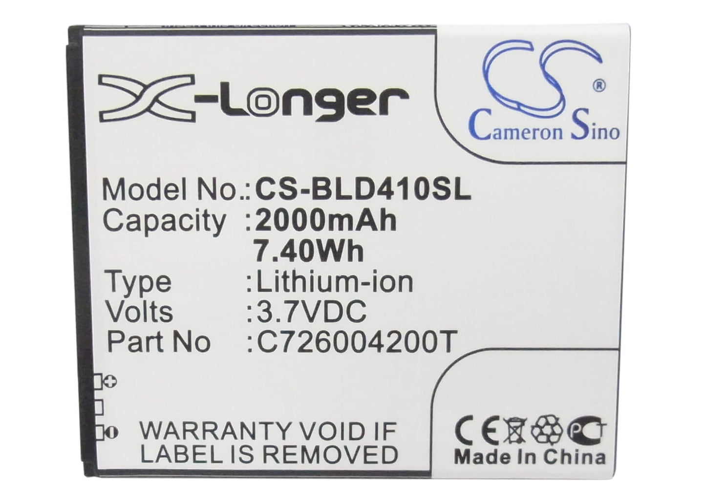 3.7V, 2000mAh, Li-ion Battery fits Blu, D410, D410a, 7.4Wh