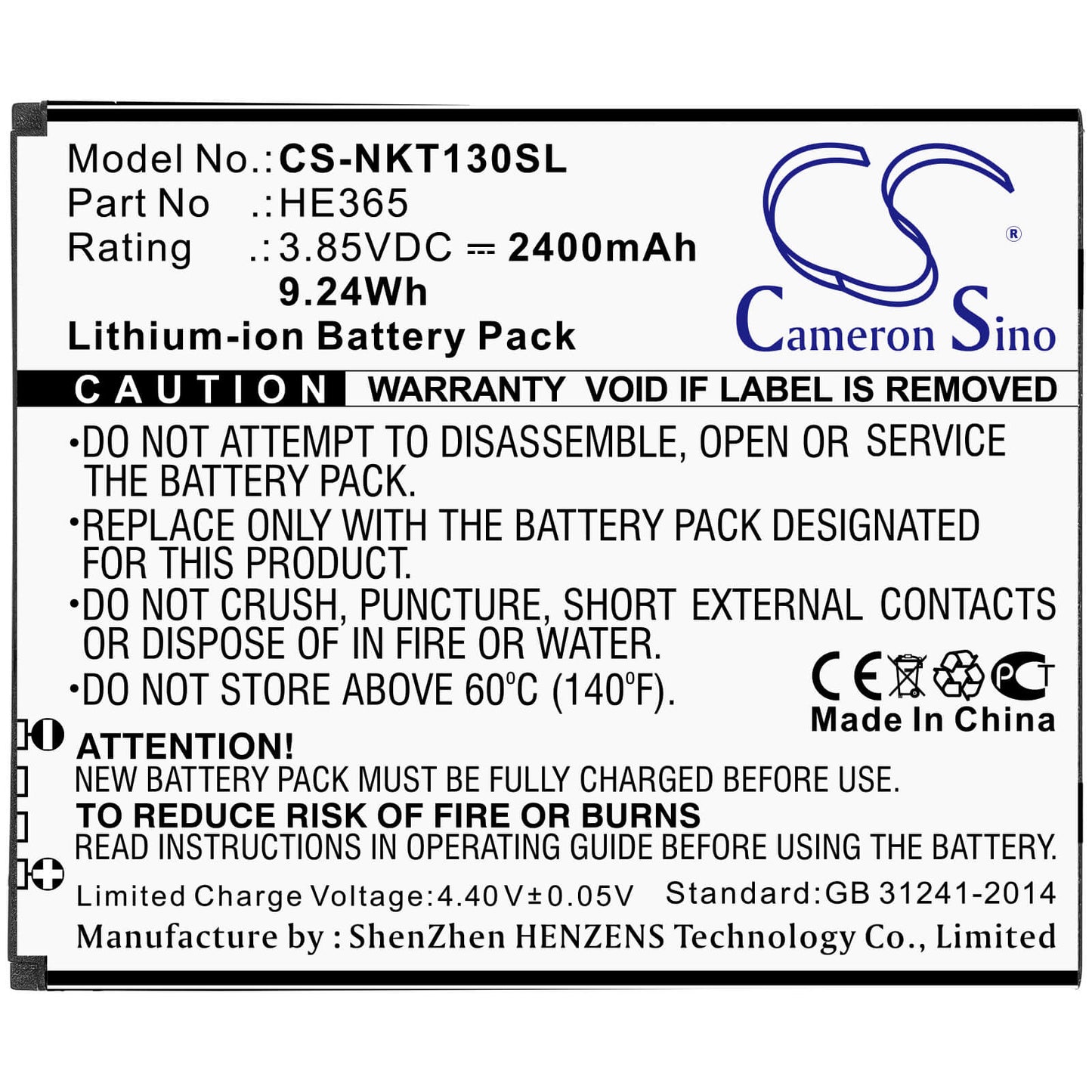 3.85V, 2400mAh, Li-ion Battery fits Nokia, Nokia 1 Plus, Ta-1111, 9.24Wh