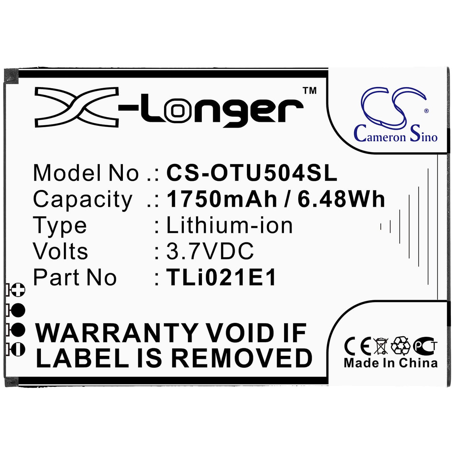 3.7V, 1750mAh, Li-ion Battery fits Alcatel, Ot-5047u, U5 Hd, 6.475Wh