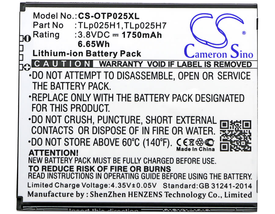 3.8V, 1750mAh, Li-ion Battery fits Alcatel, One Touch Pop 4, One Touch Pop 4 Lte, 6.65Wh