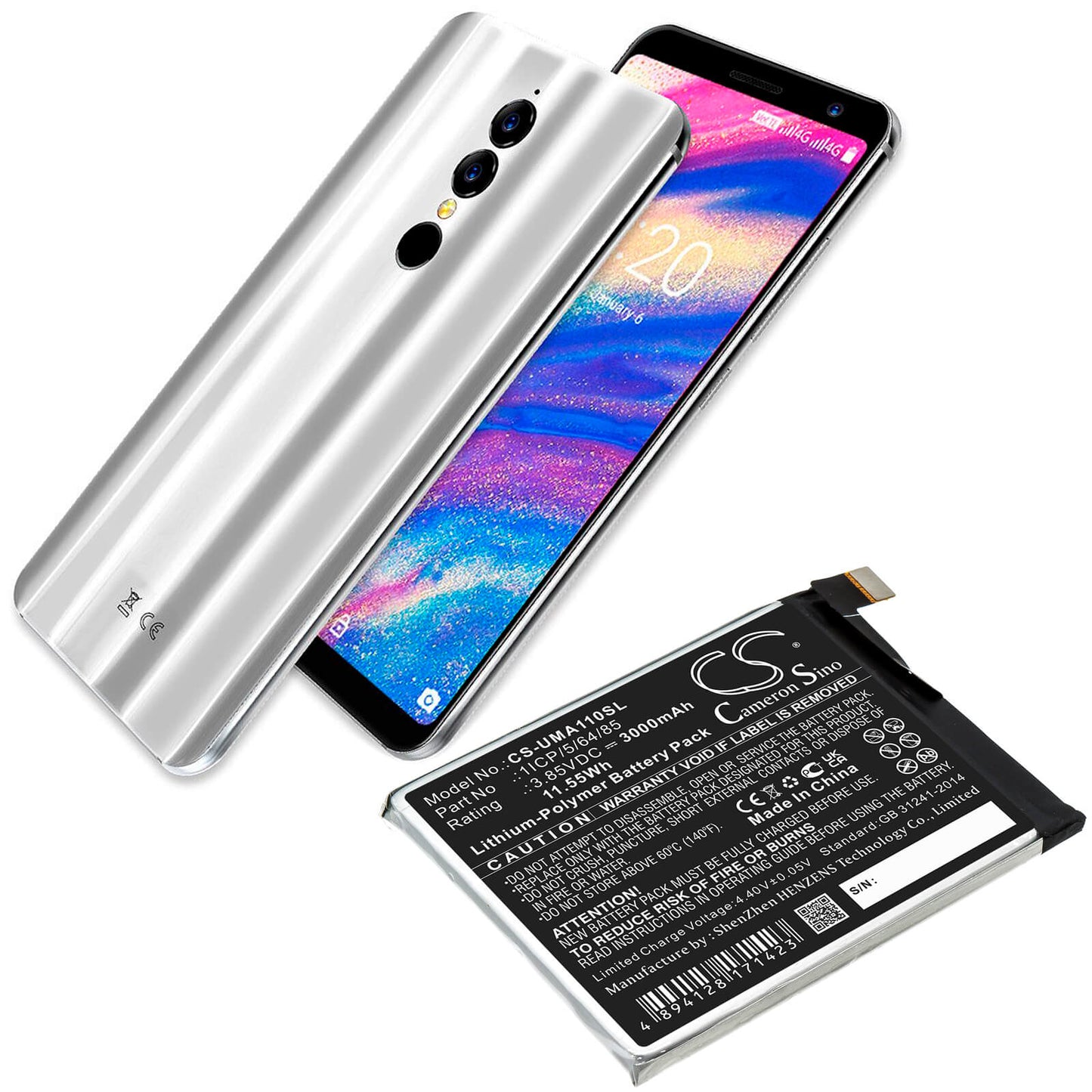3.85V, 3000mAh, Li-Polymer Battery fits Umi, Umidigi A1 Pro, 11.55Wh