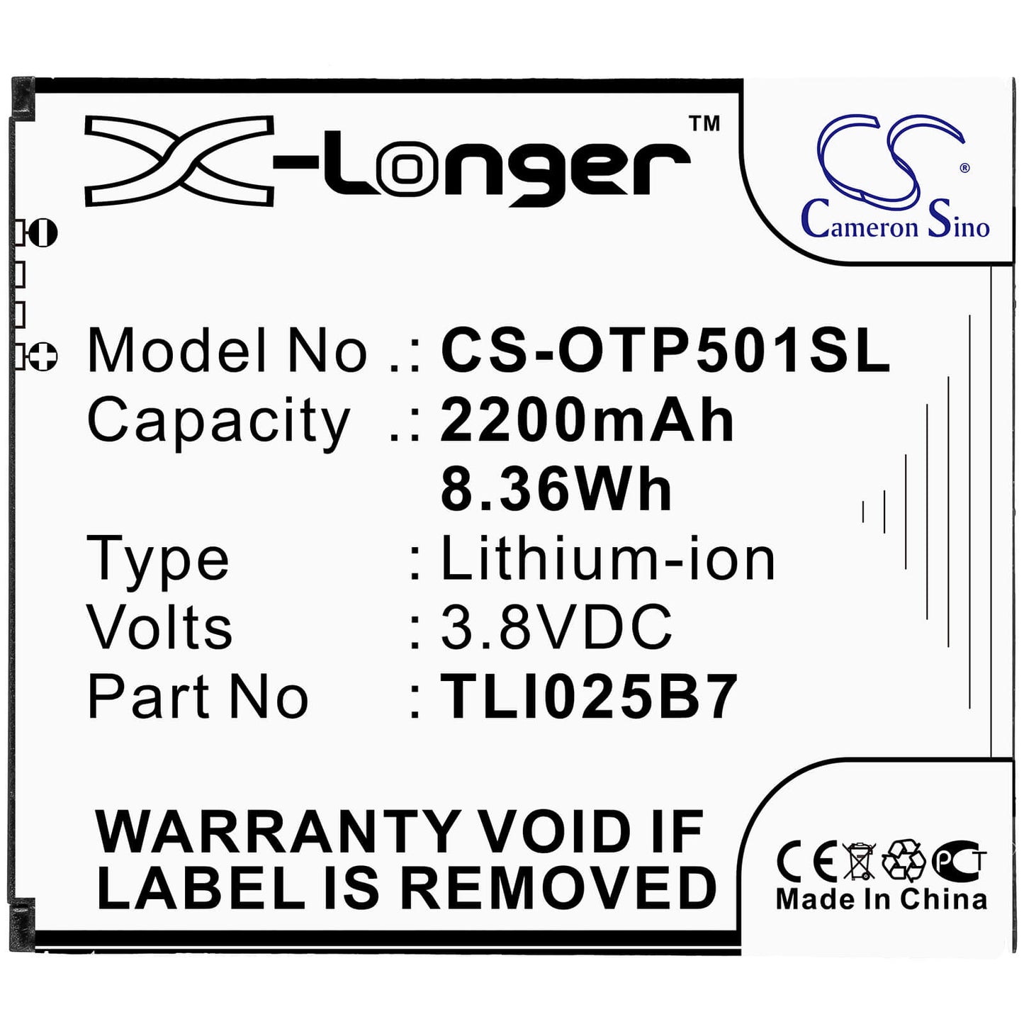 3.8V, 2200mAh, Li-ion Battery fits Alcatel, 5011a, A3 Plus, 8.36Wh