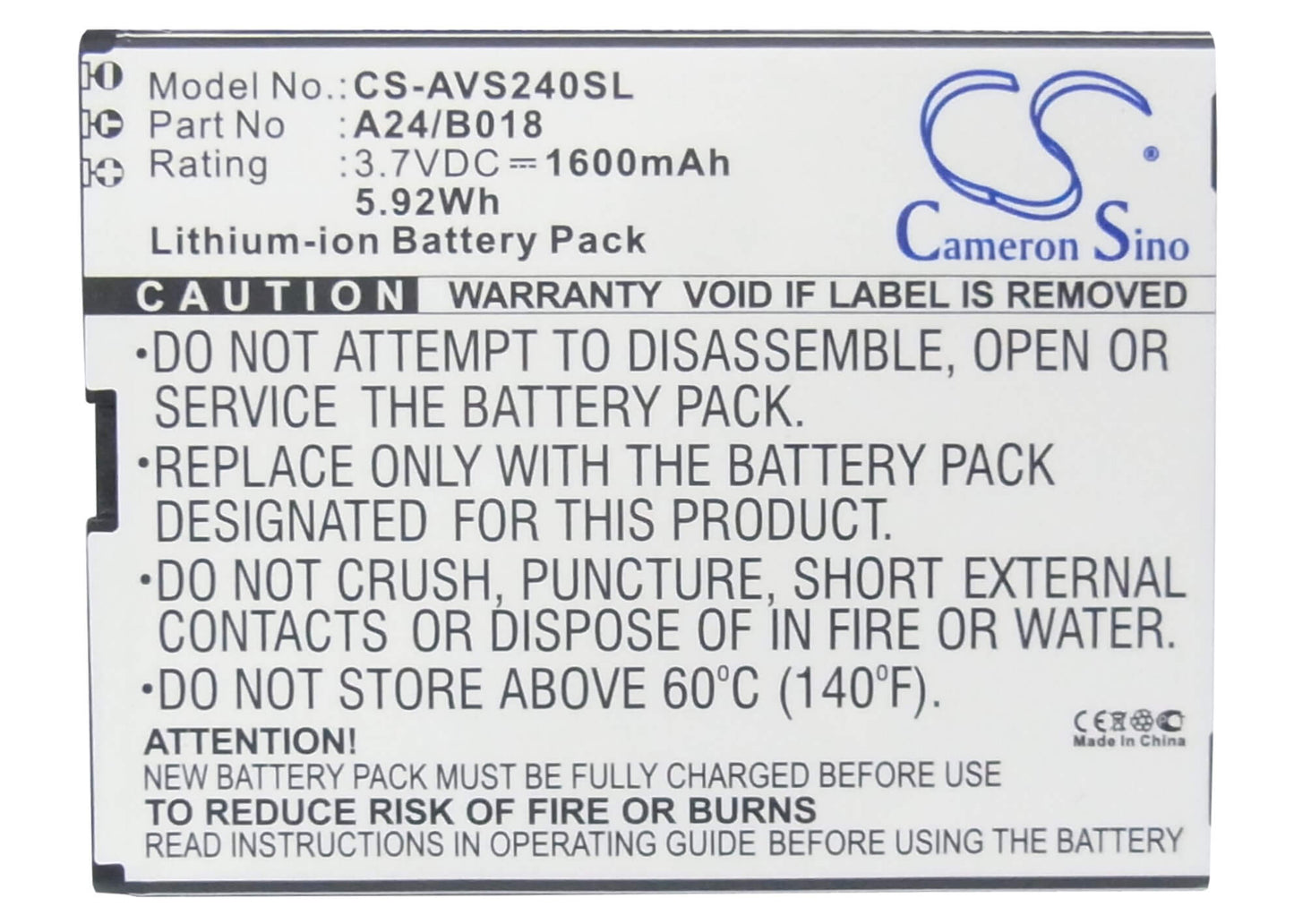 3.7V, 1600mAh, Li-ion Battery fits Avus, 24, A24, 5.92Wh