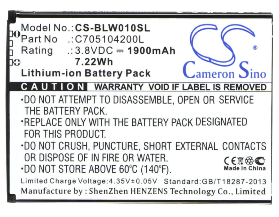 3.8V, 1900mAh, Li-ion Battery fits Blu, Studio Mini Lite 2, W010q, 7.22Wh