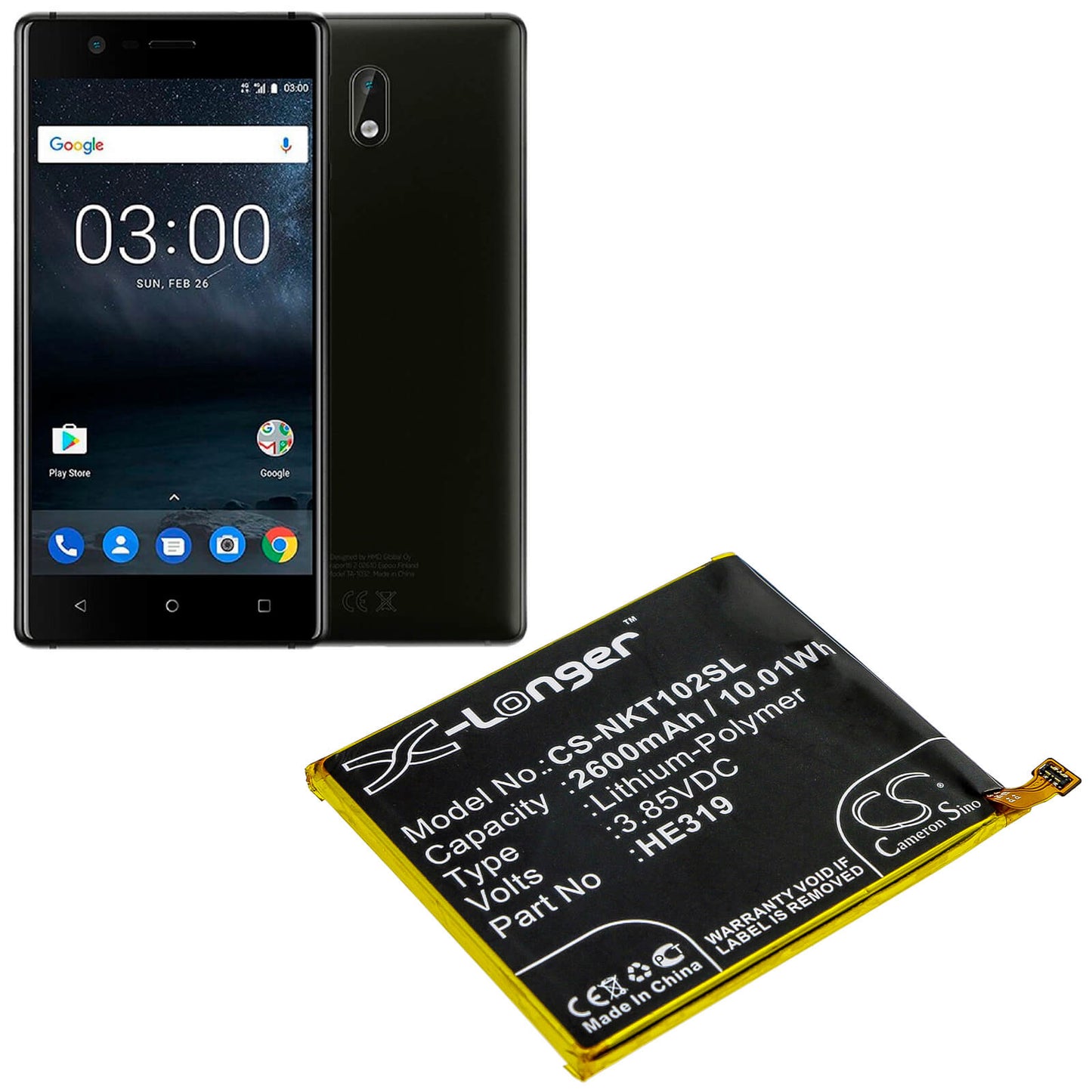 3.85V, 2600mAh, Li-Polymer Battery fits Nokia, Nokia 3, Ta-1020, 10.01Wh