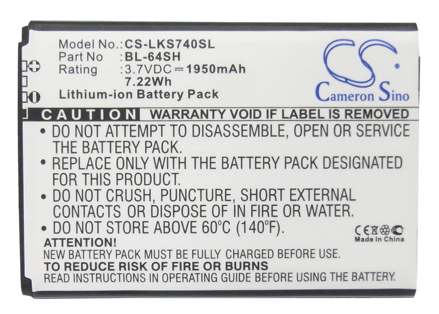 3.7V, 1950mAh, Li-ion Battery fits Lg, F540s, H442, 7.215Wh