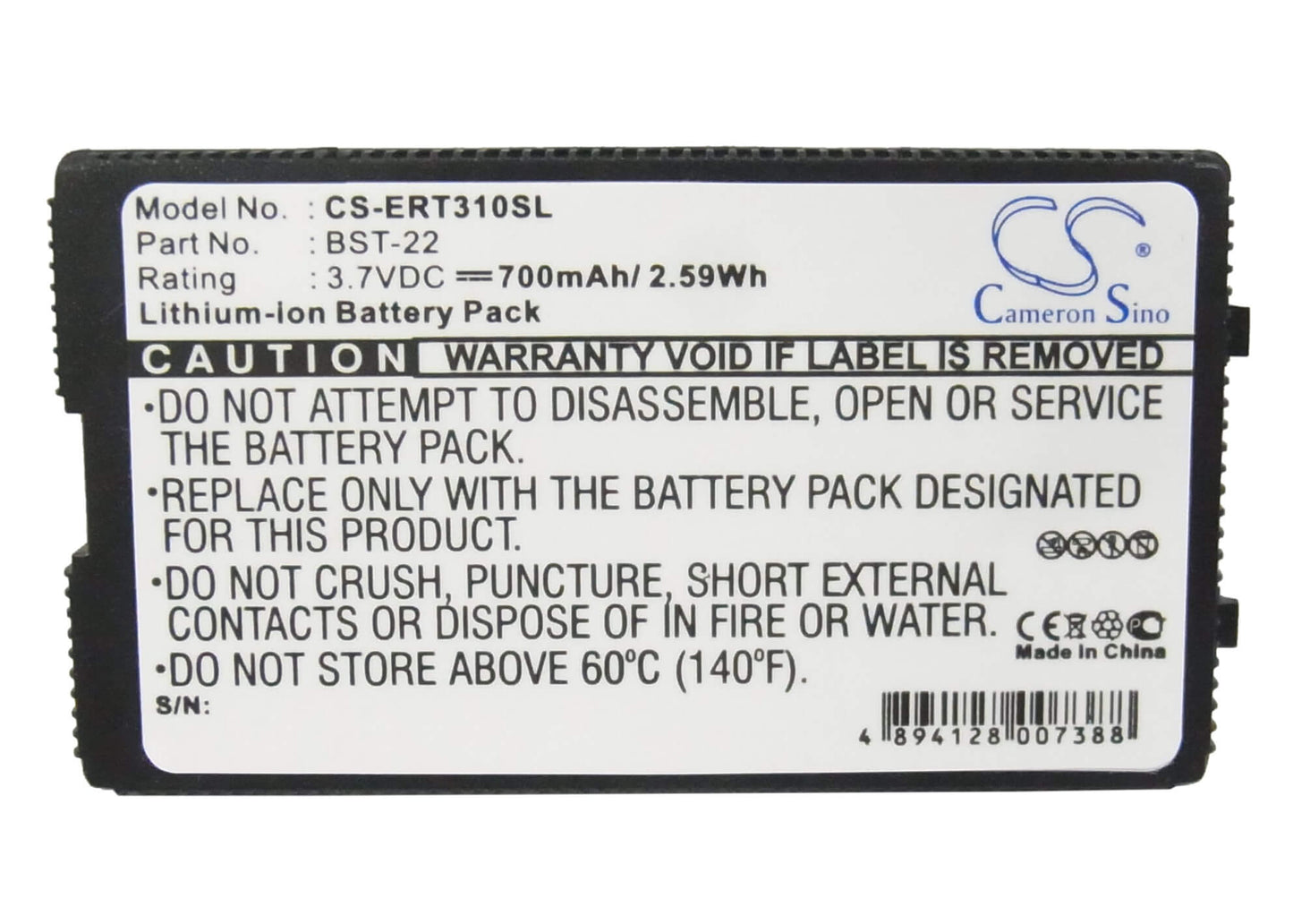 3.7V, 700mAh, Li-ion Battery fits Sony Ericsson, T300, T306, 2.59Wh