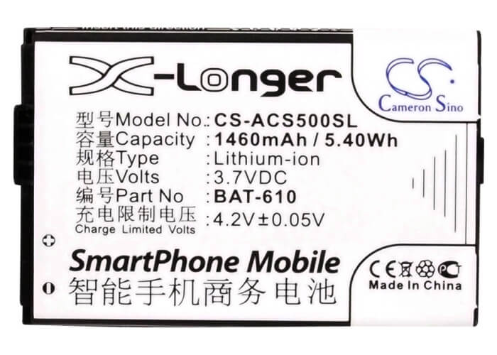 3.7V, 1460mAh, Li-ion Battery fits Acer, Cloud Mobile, Cloudmobile S500, 5.402Wh