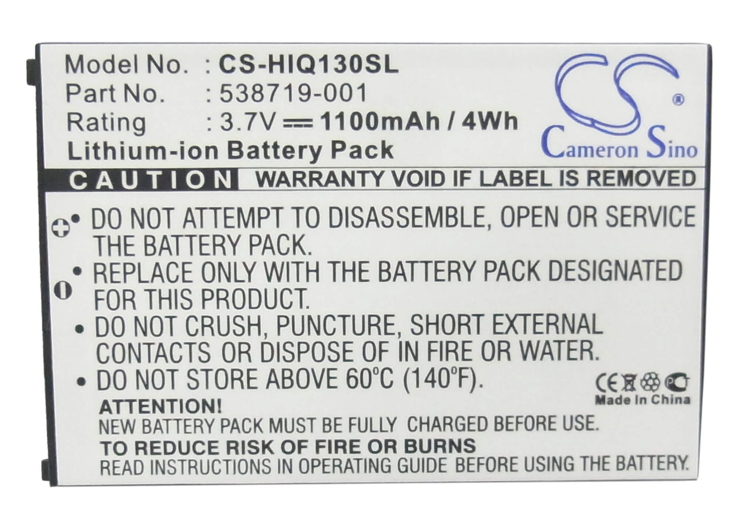 3.7V, 1100mAh, Li-ion Battery fits Hp, Glisten K3, Ipaq Glisten, 4.07Wh